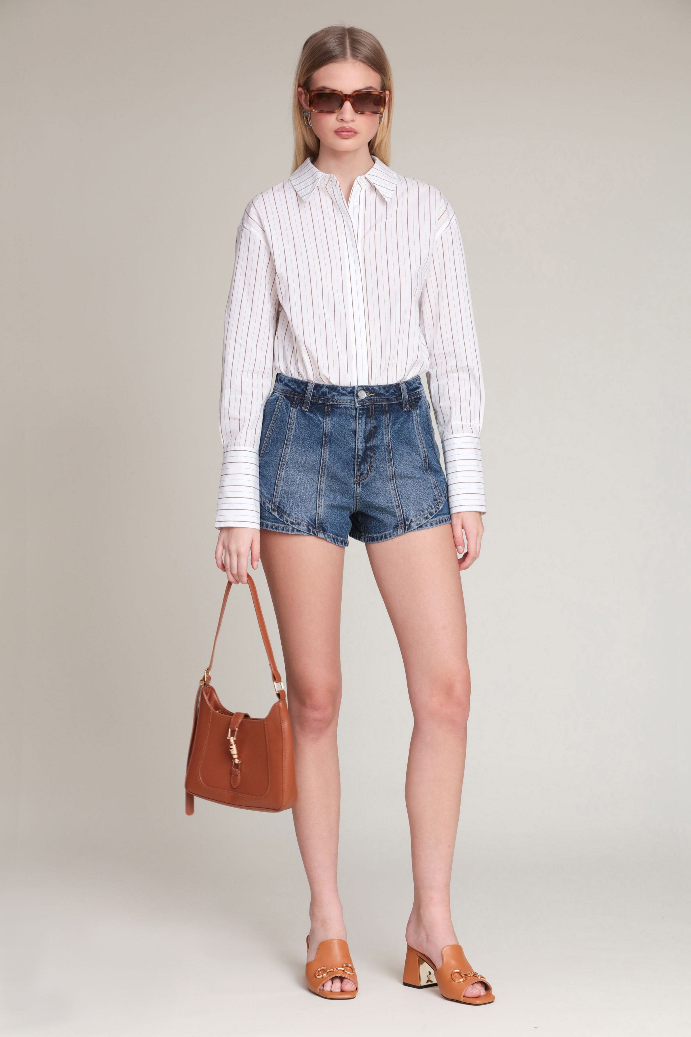 High-rise paneled dark blue denim shorts - Shop women’s cute shorts by Avec Les Filles