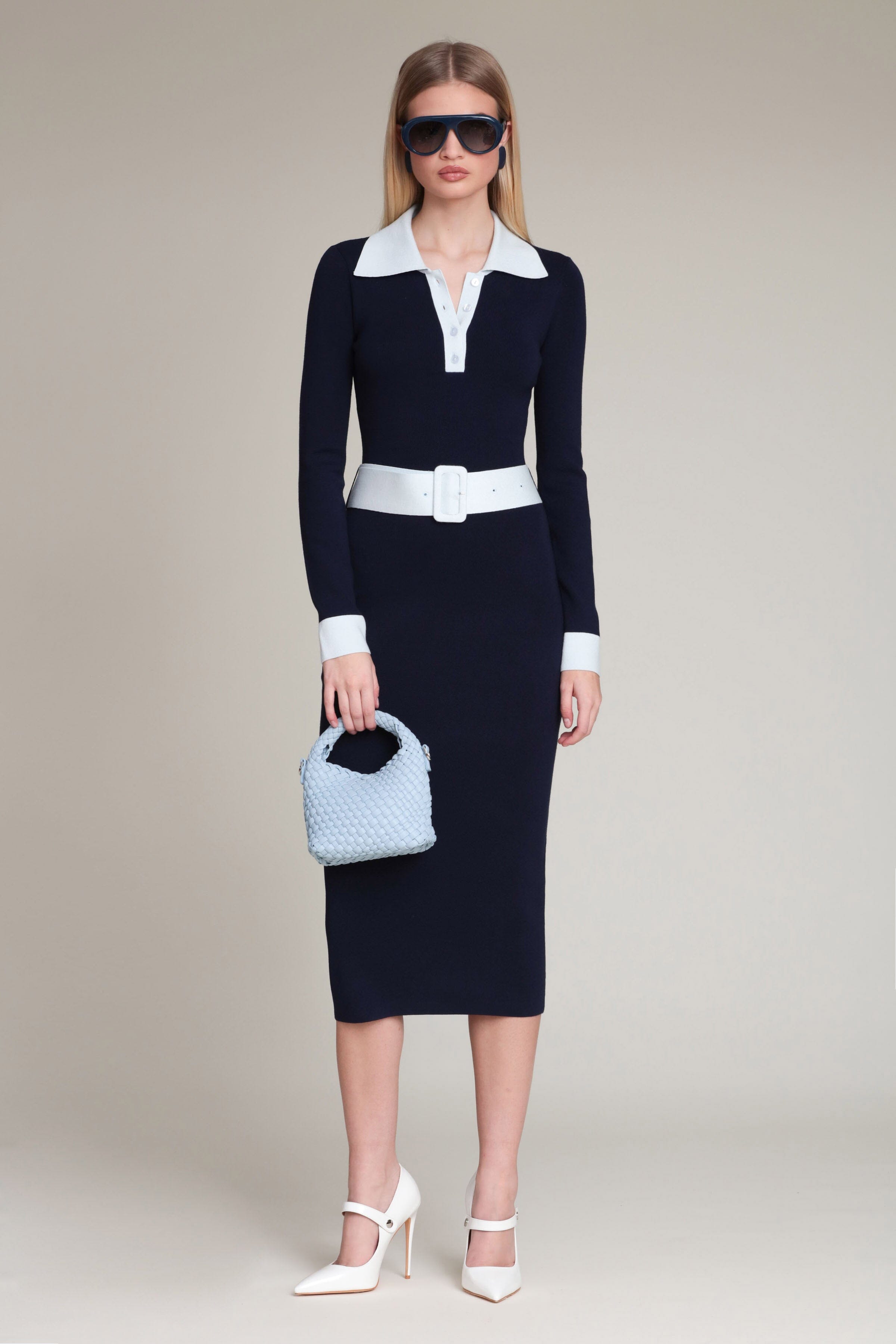 Navy blue long sleeve midi sweater dress with a removable belt - Shop women's cute midi dresses by Avec Les Filles