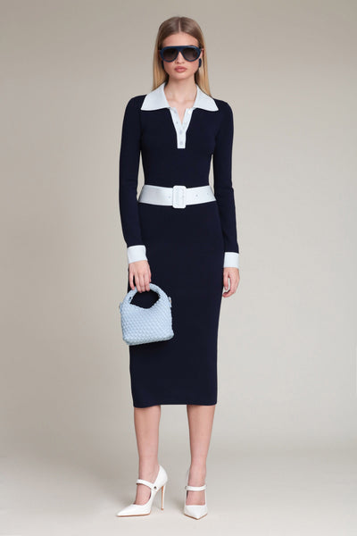 Avec Les Filles Long Sleeve Polo Collar Dress - Navy Colorblock