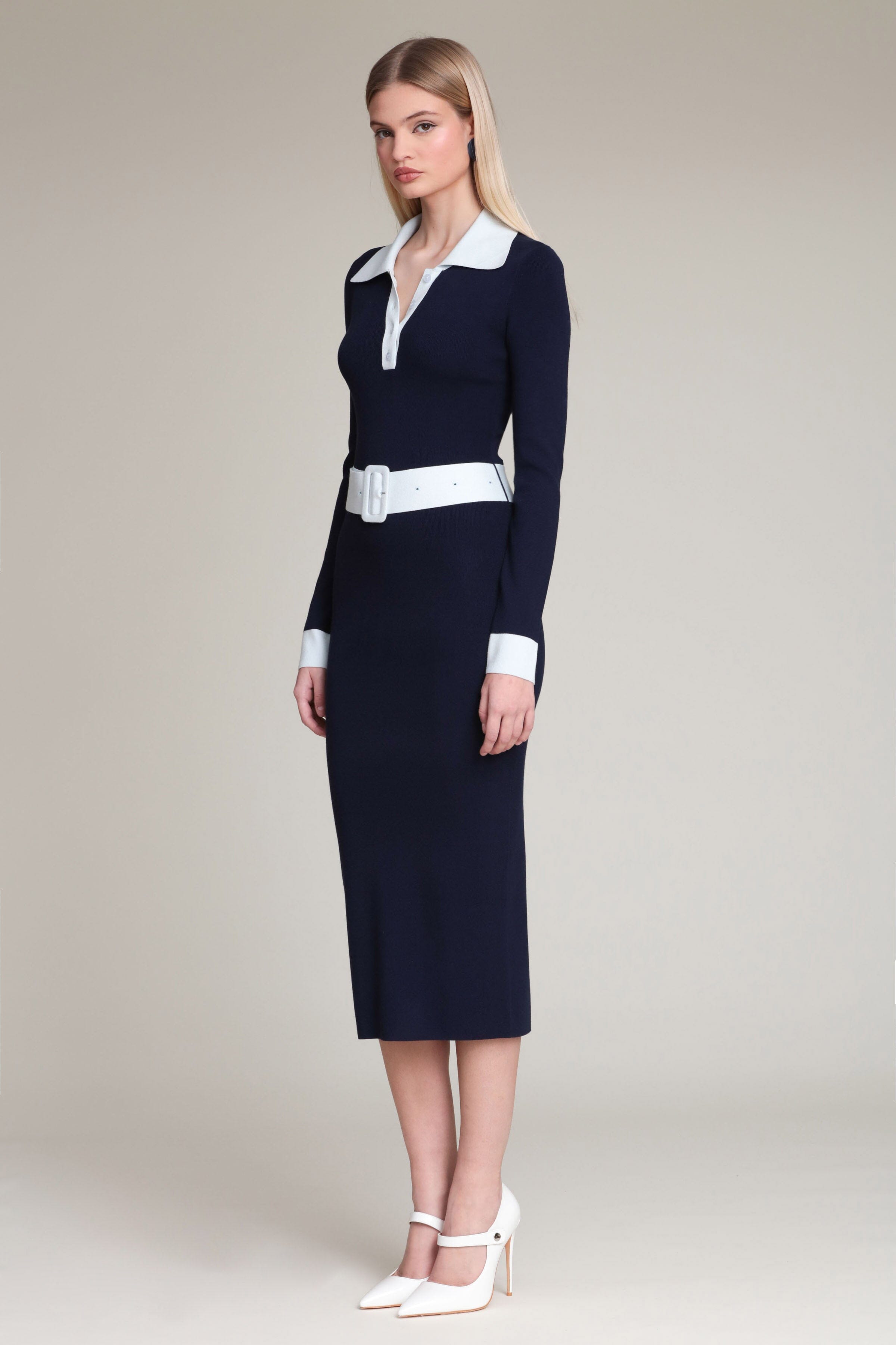 Navy blue long sleeve fitted midi dress with a removable belt - Shop midi dresses women's clothing by Avec Les Filles