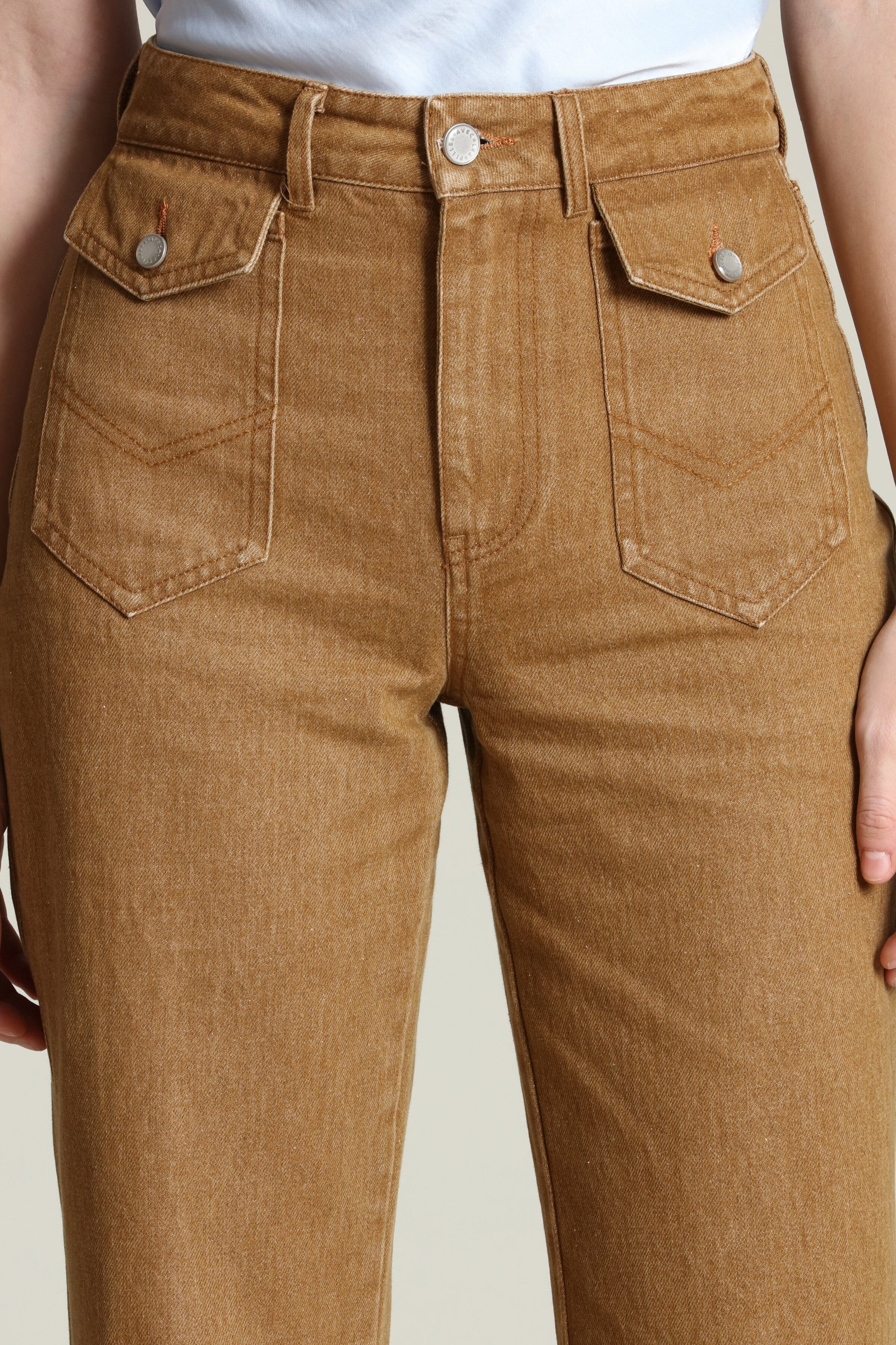 Patch Pocket Flare cotton camel jeans with a front button, snap closure, and high-rise waist by Avec Les Filles