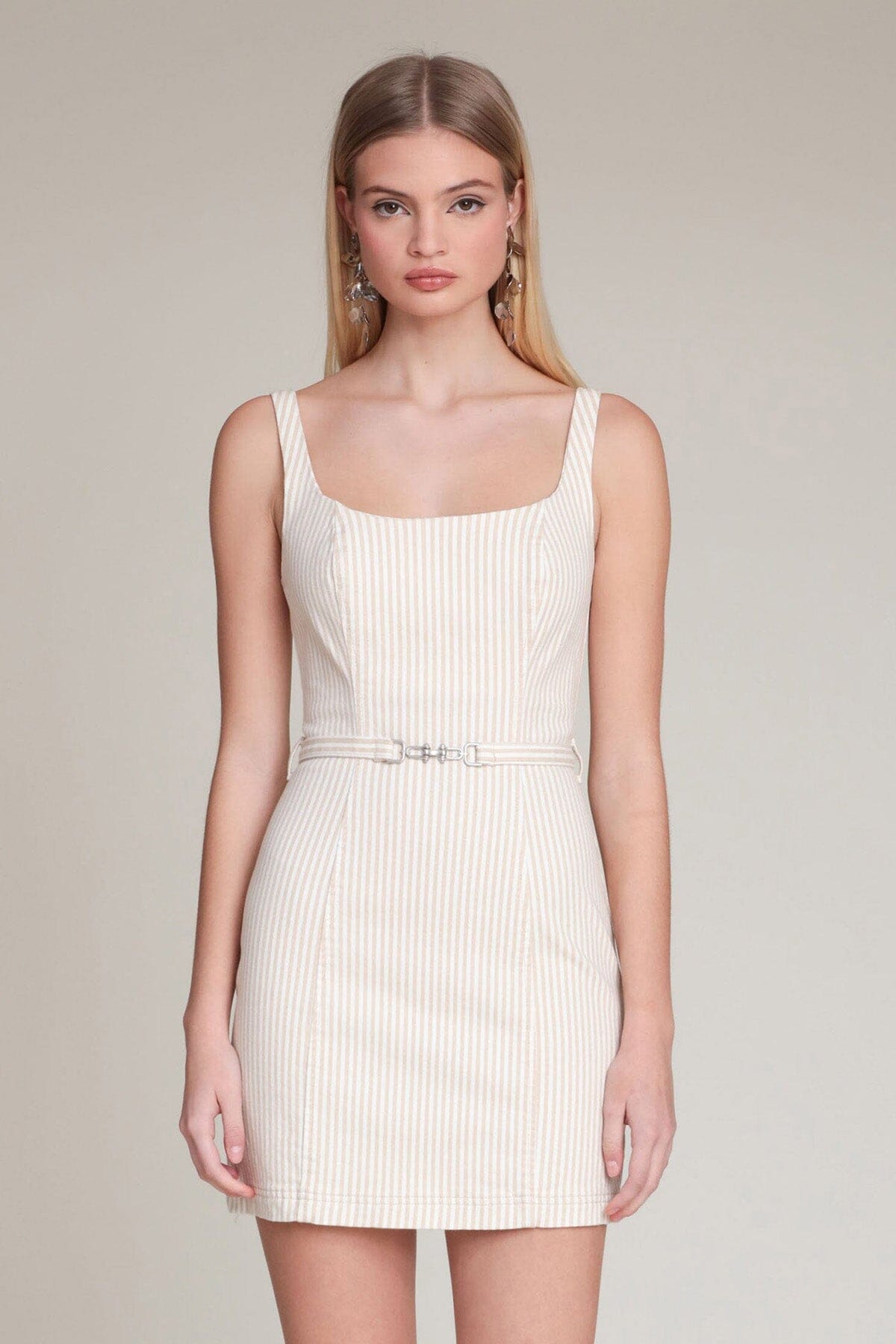 Beige white striped cotton belted mini dress with shoulder straps - Cute mini dresses for women by Avec Les Filles