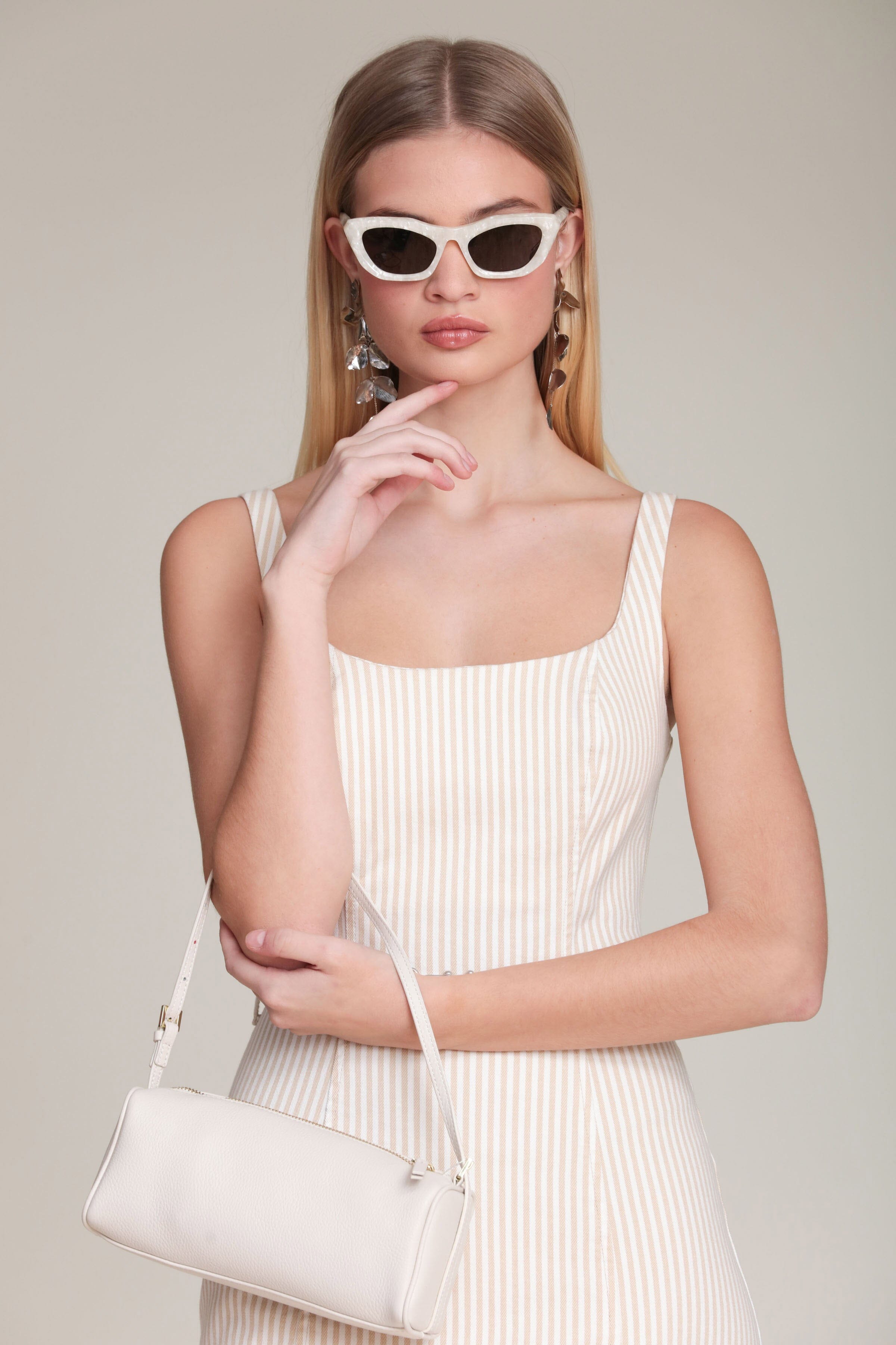 Beige white striped cotton belted mini dress with adjustable straps - women's cute mini dresses by Avec Les Filles