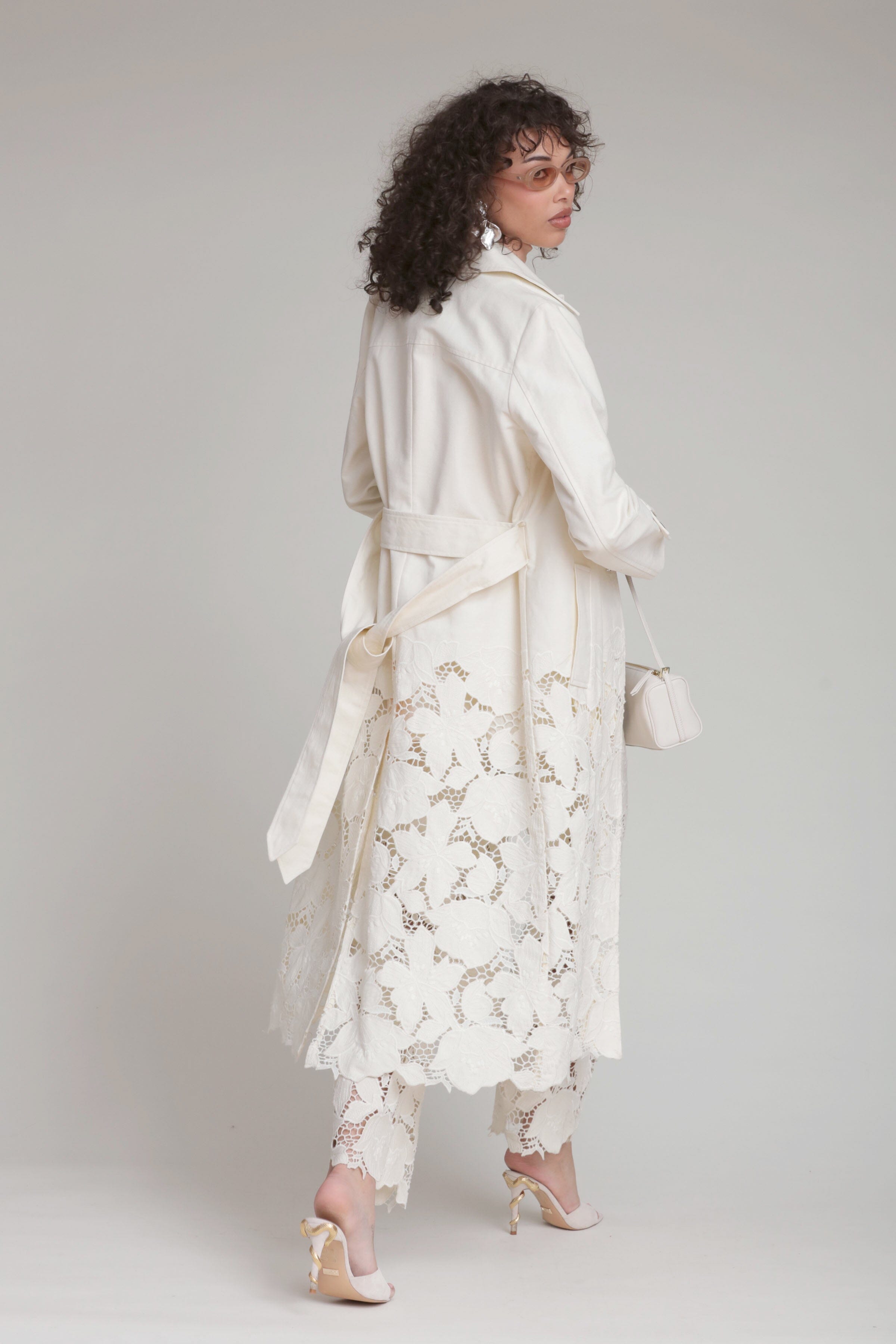 Women's modern cotton twill trench coat, guipure lace off-white - Shop designer coats and jackets by Avec Les Filles