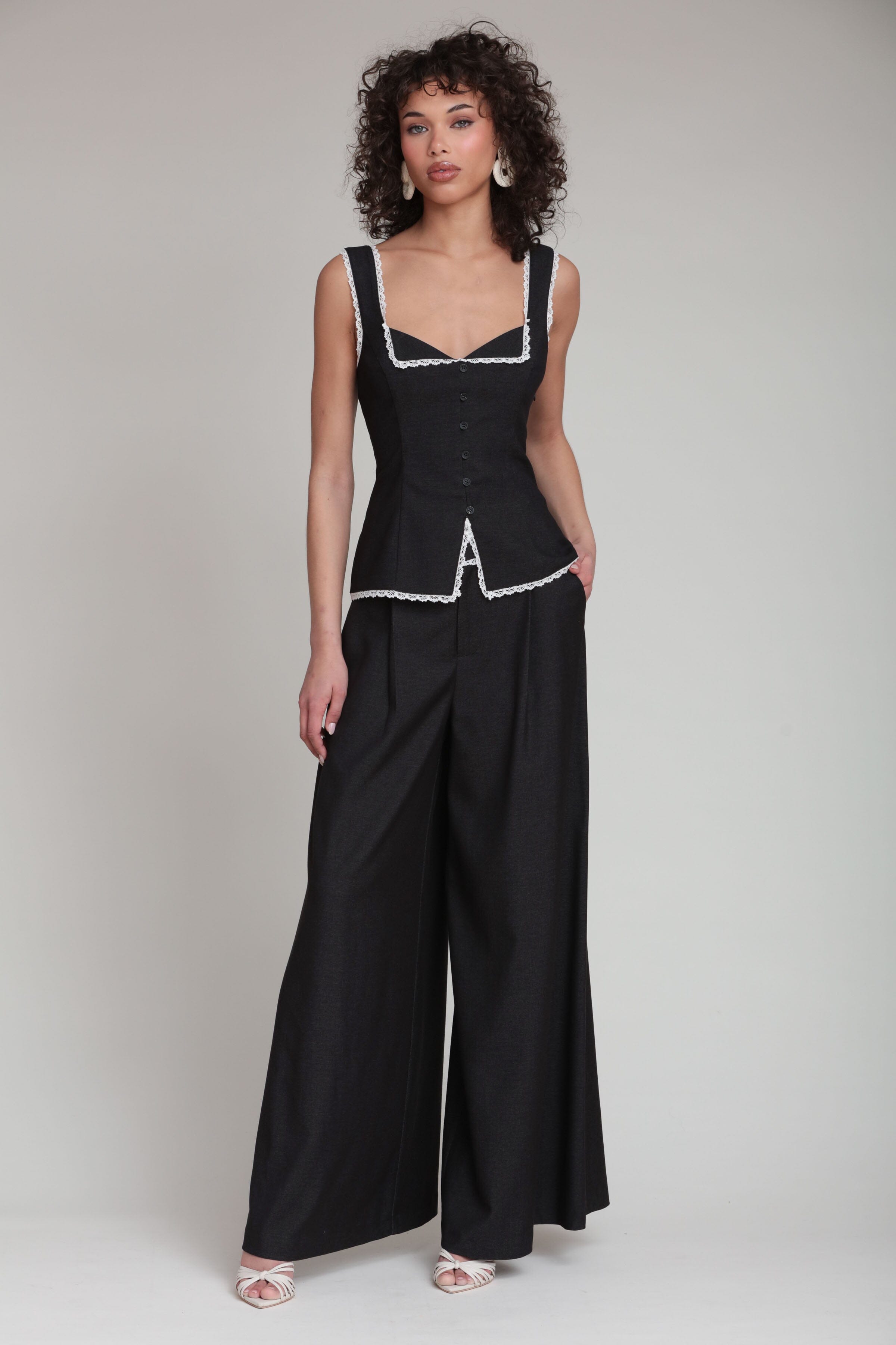 Black button up top with wide leg pants - Shop women's cute black tops by Avec Les Filles