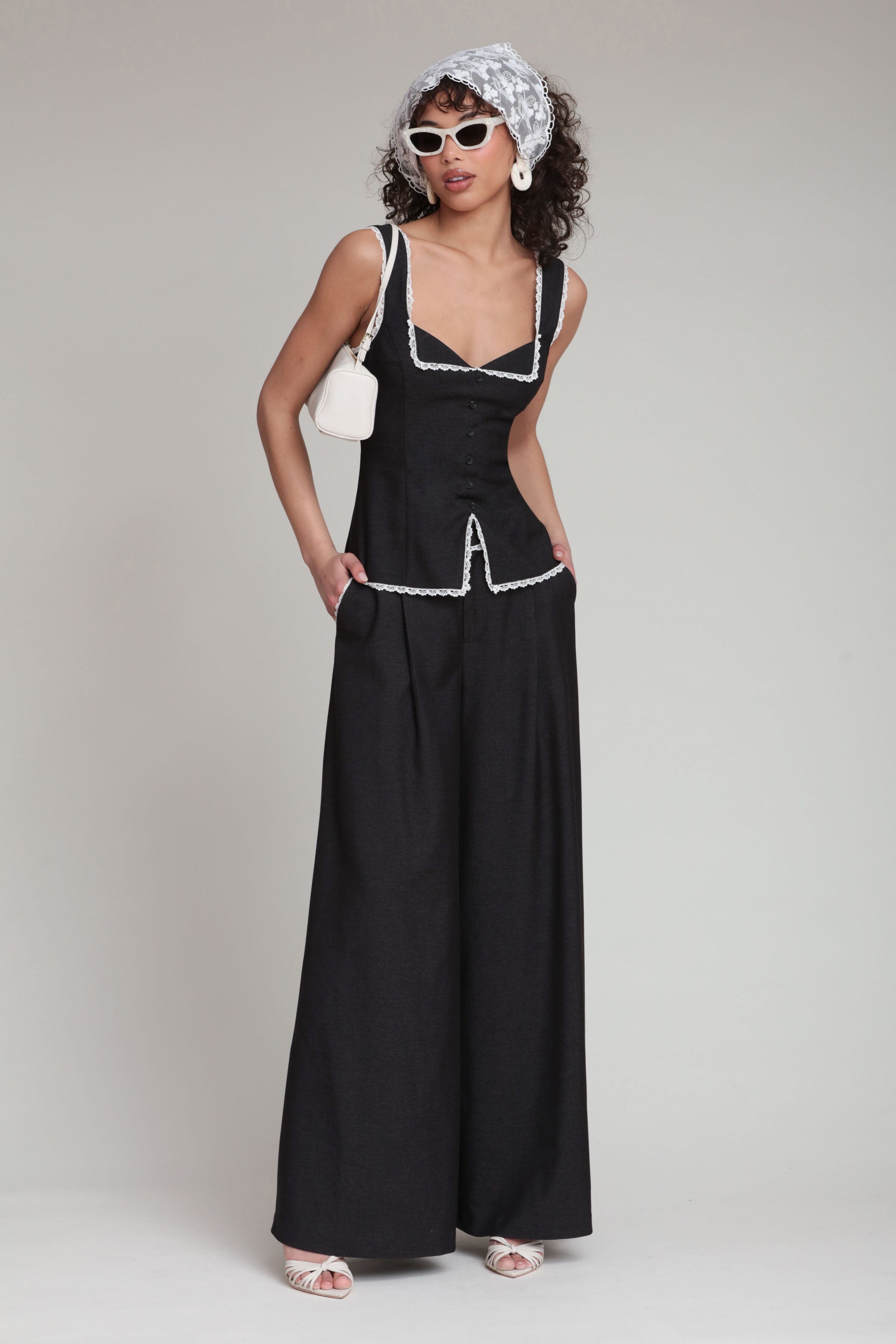 Black wide leg pants with a high-rise waist and tank top - Shop women's cute wide leg pants & tops by Avec Les Filles