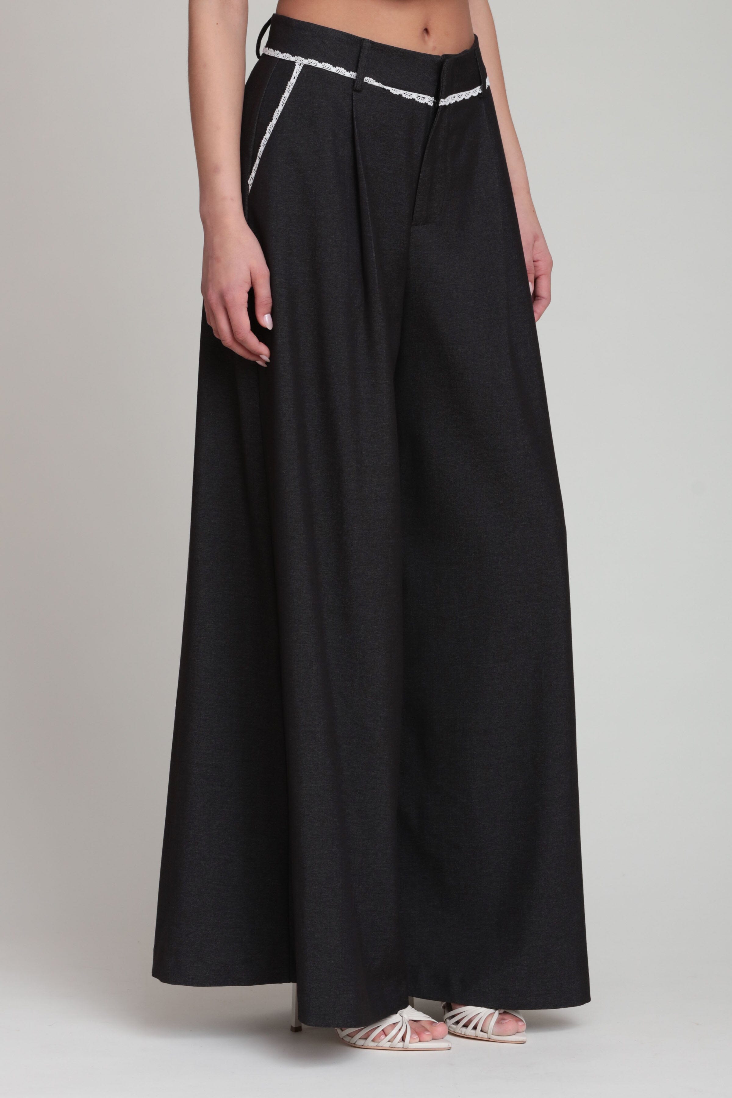 Lace trim black wide leg pant with front pleats - Shop women's high waist wide leg pants by Avec Les Filles