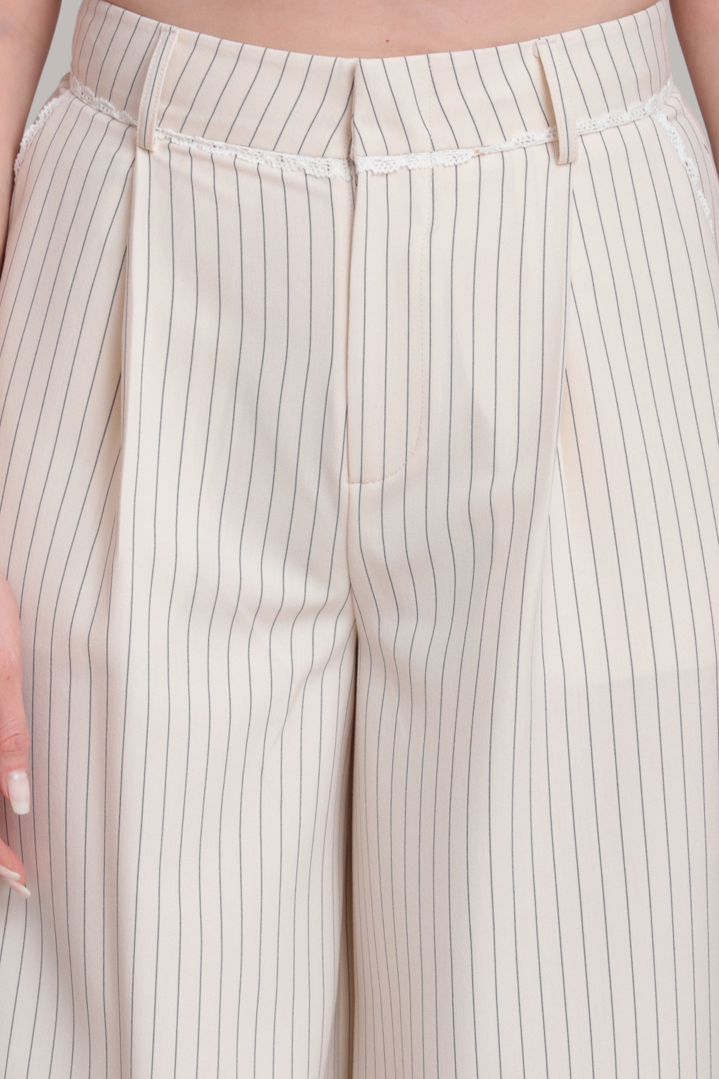 Women's cute cream and black stripe high waisted wide leg pants with front pleats by Avec Les Filles