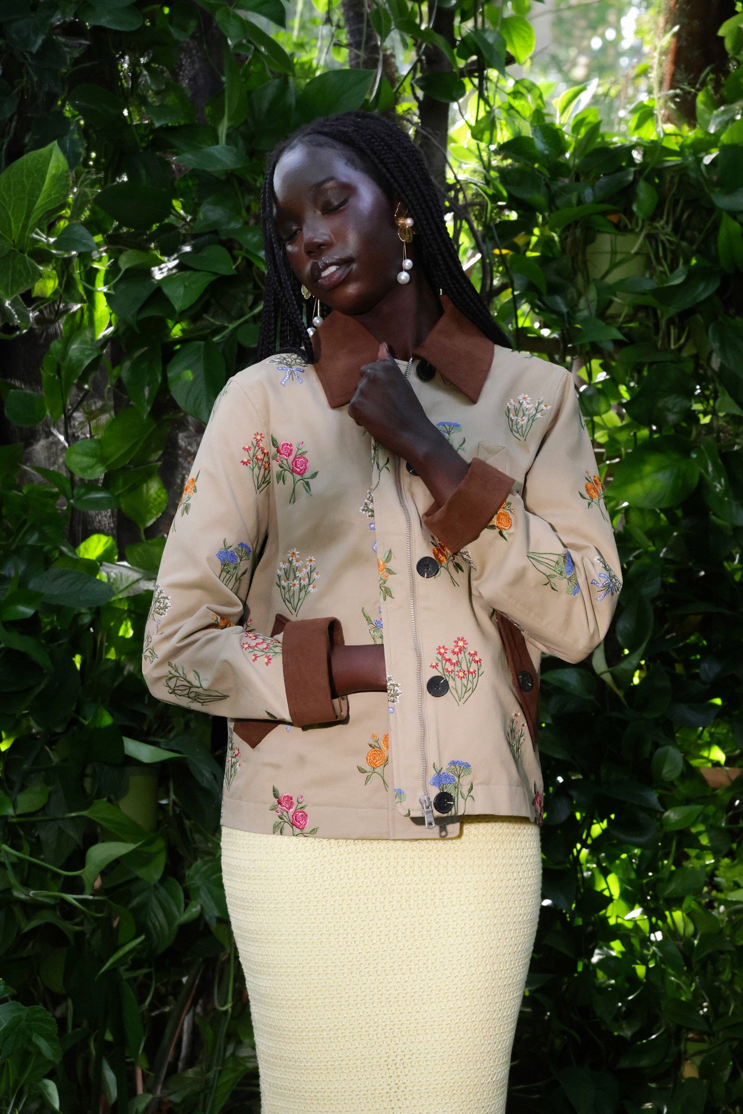 Cotton utility khaki jacket with floral embroidery - Shop women's cute coats & jackets by Avec Les Filles