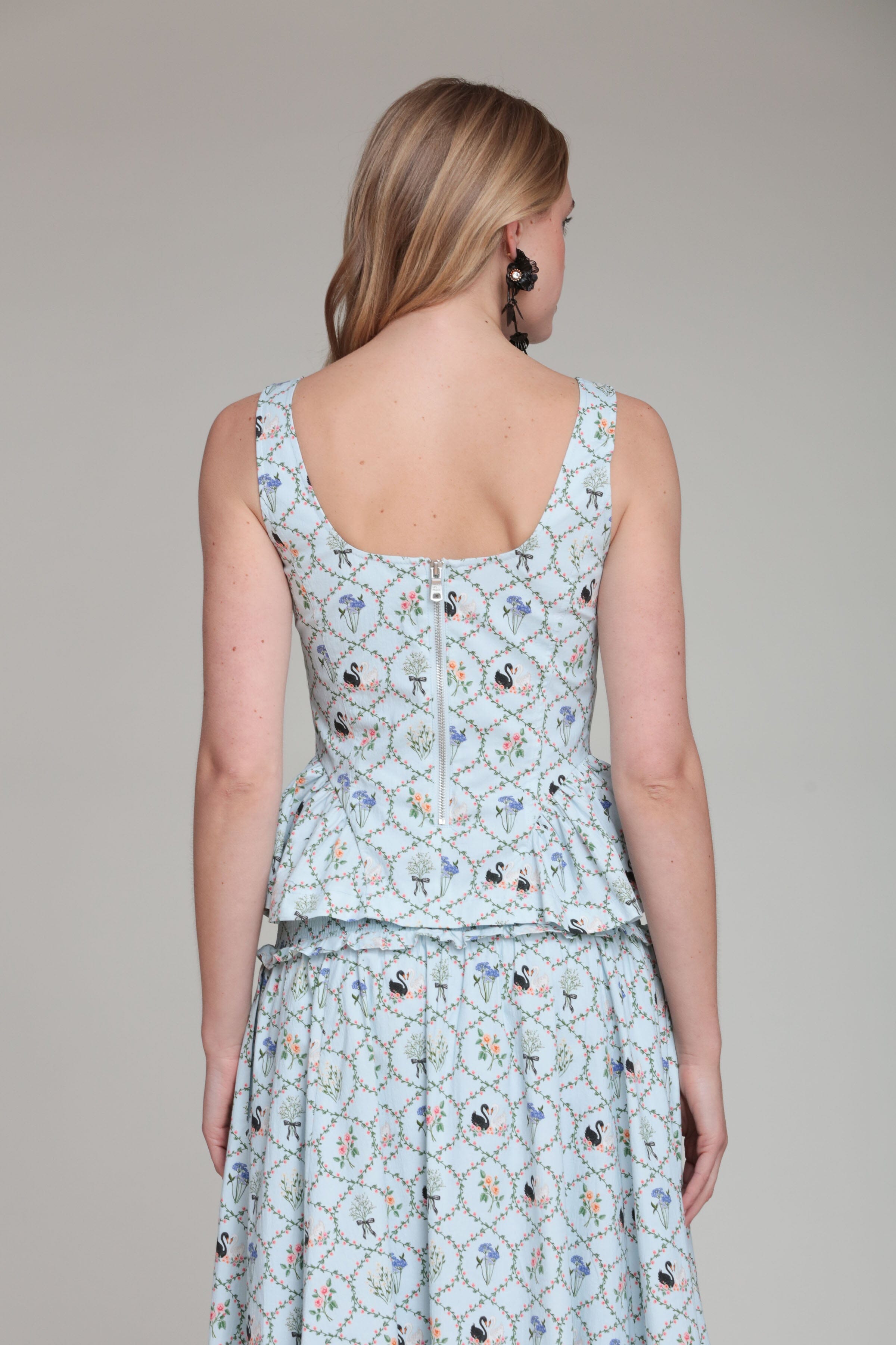 Stretch Cotton Printed Light Blue Peplum Top