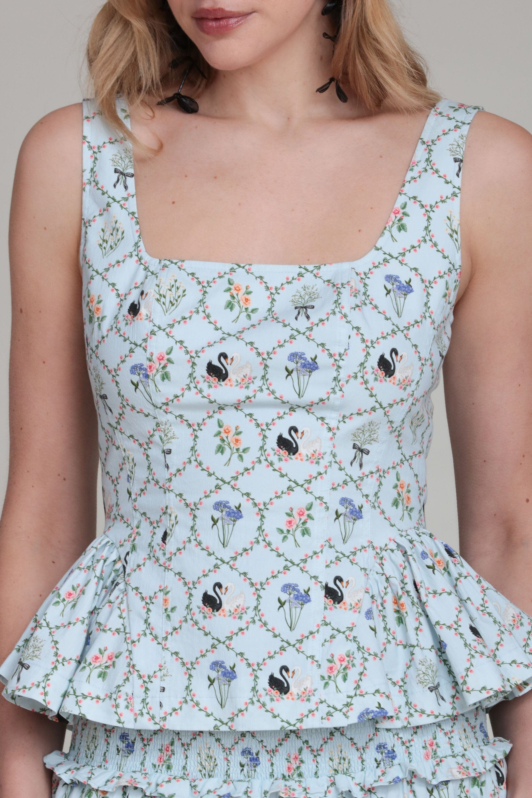 white christmas dresses Stretch Cotton Printed Light Blue Peplum Top