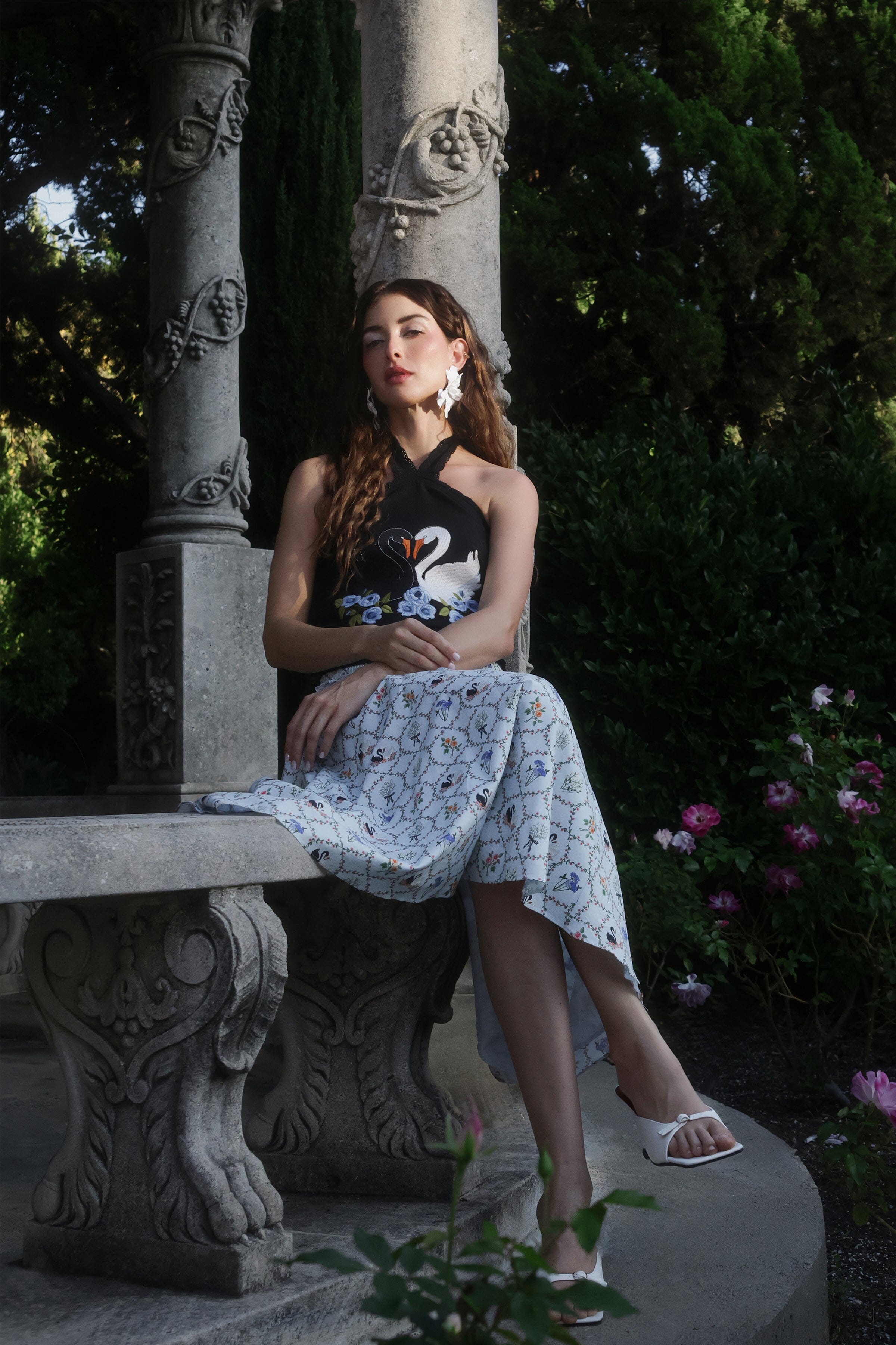 Cotton floral printed light blue midi skirt with black halter neck top - Shop women's midi skirts by Avec Les Filles