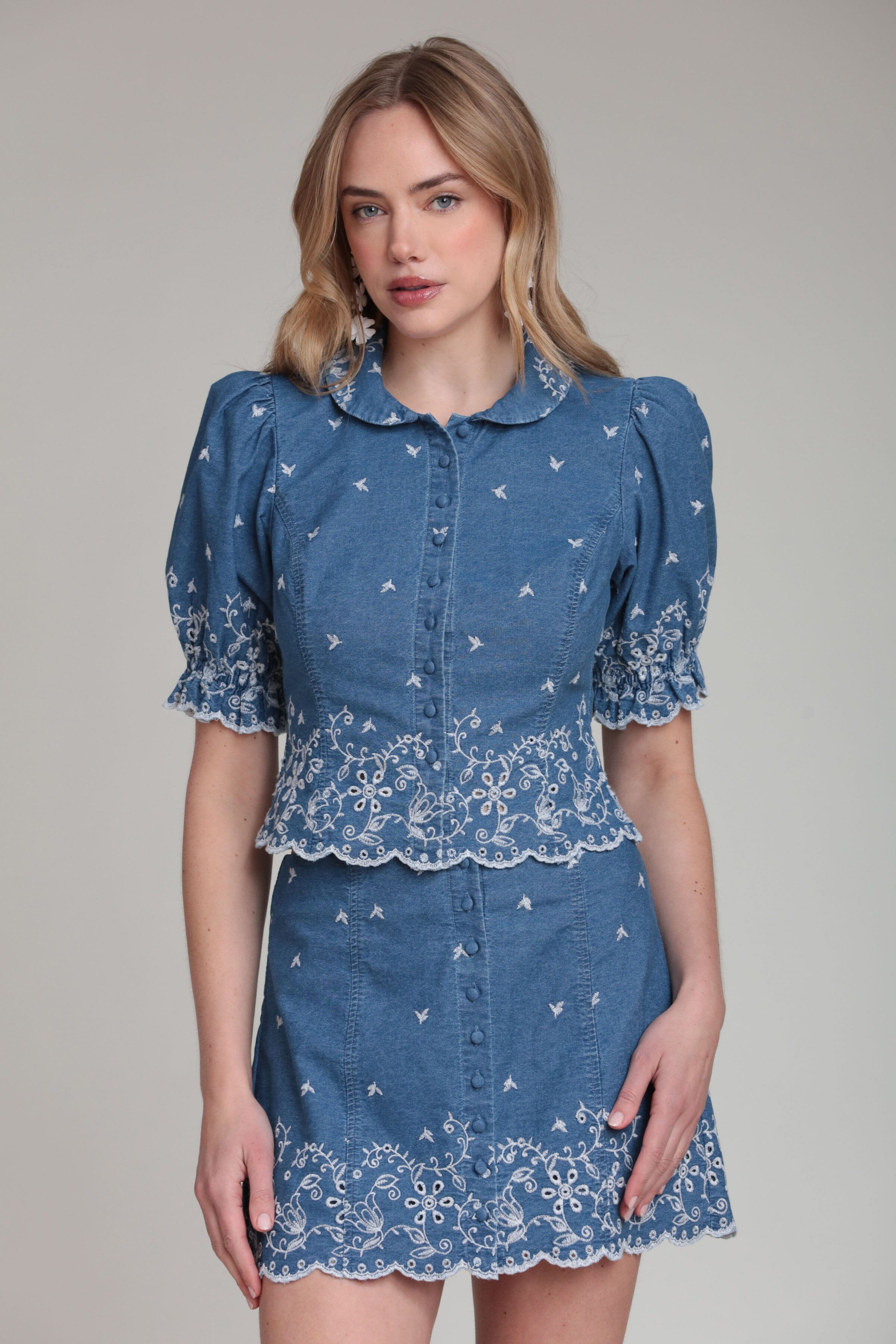 Blue Cotton Short Sleeve Denim Top