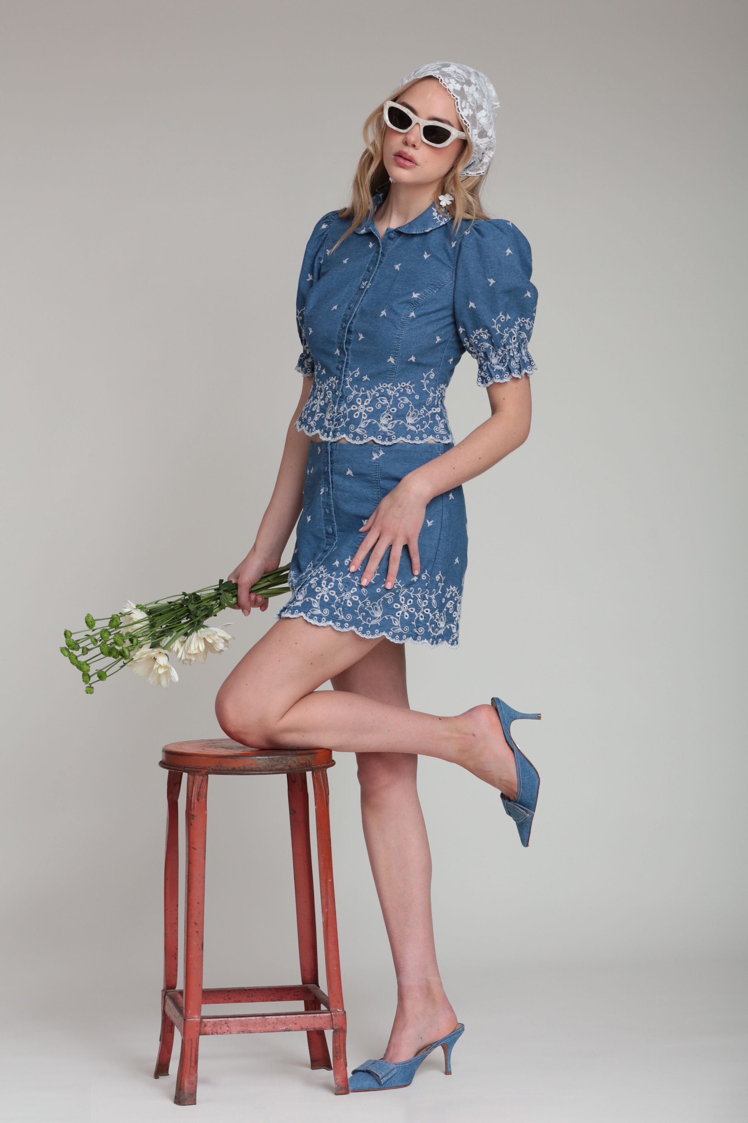 Blue puff short sleeve denim top in 100% cotton with a button front - Shop women's cute denim tops by Avec Les Filles