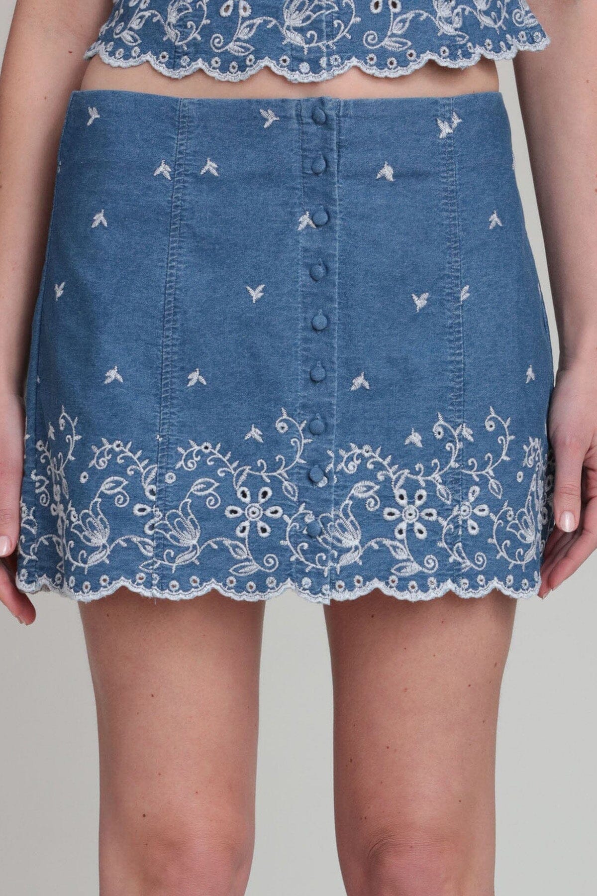 Cotton Embroidered Blue Denim Mini Skirt
