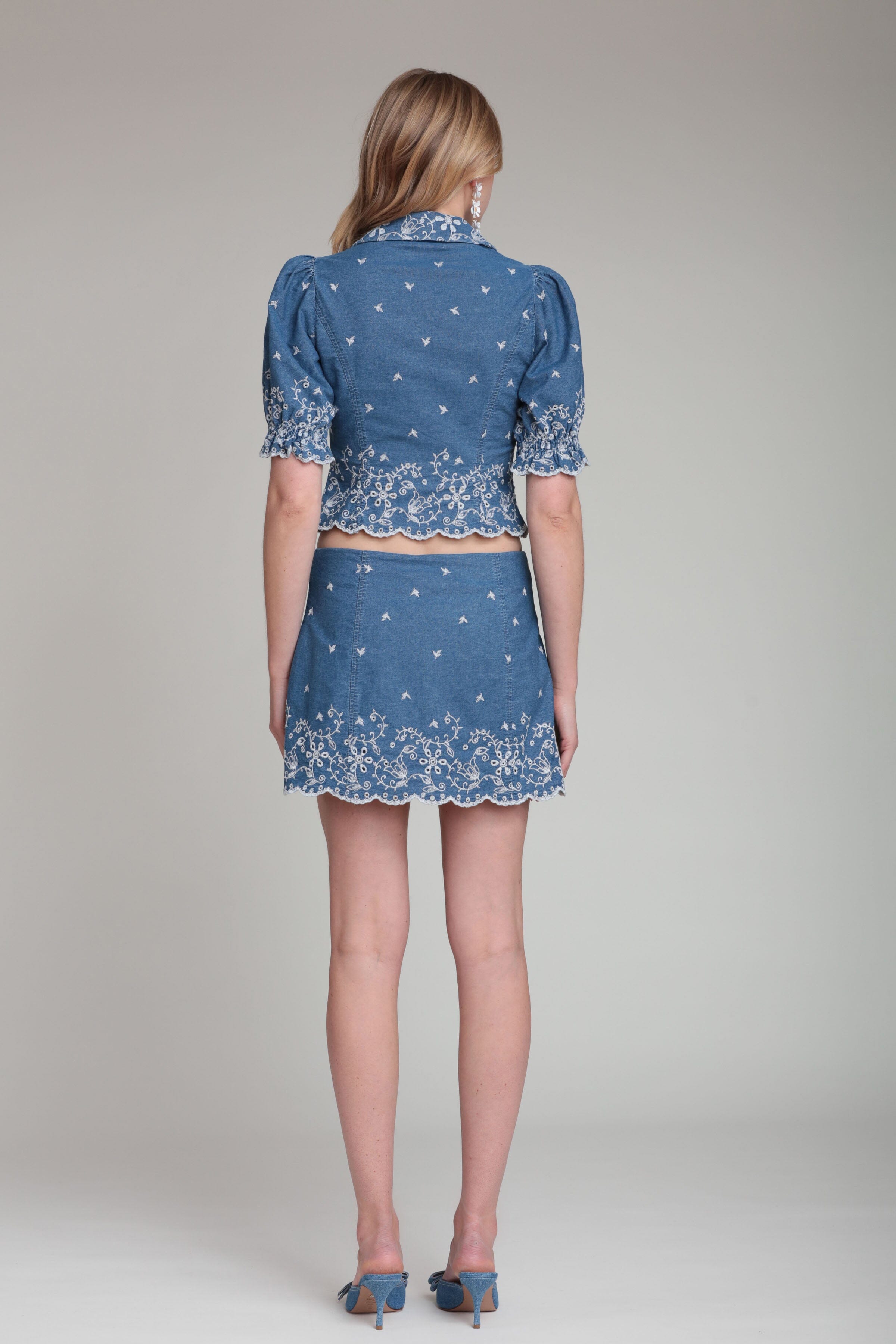 Cotton embroidered blue mini skirt denim - Shop designer women's cute mini skirts by Avec Les Filles