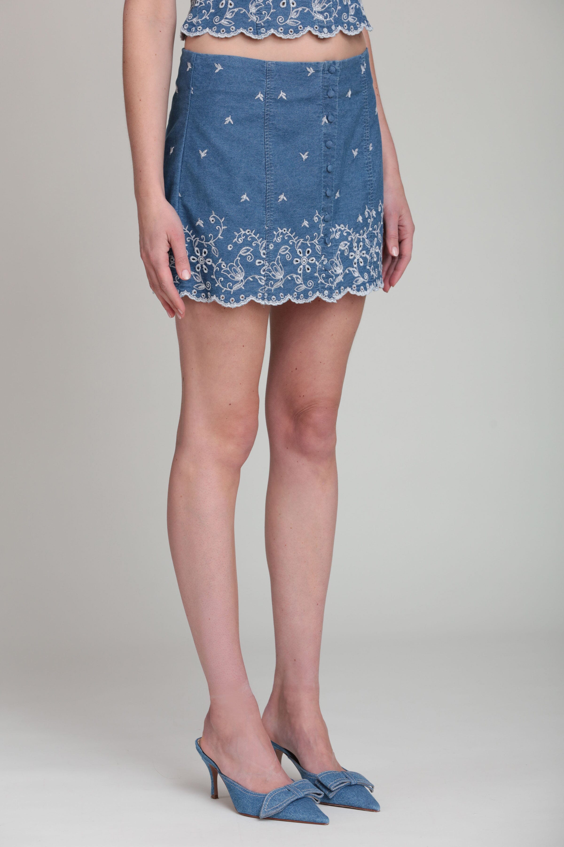 Cotton Embroidered Blue Denim Mini Skirt