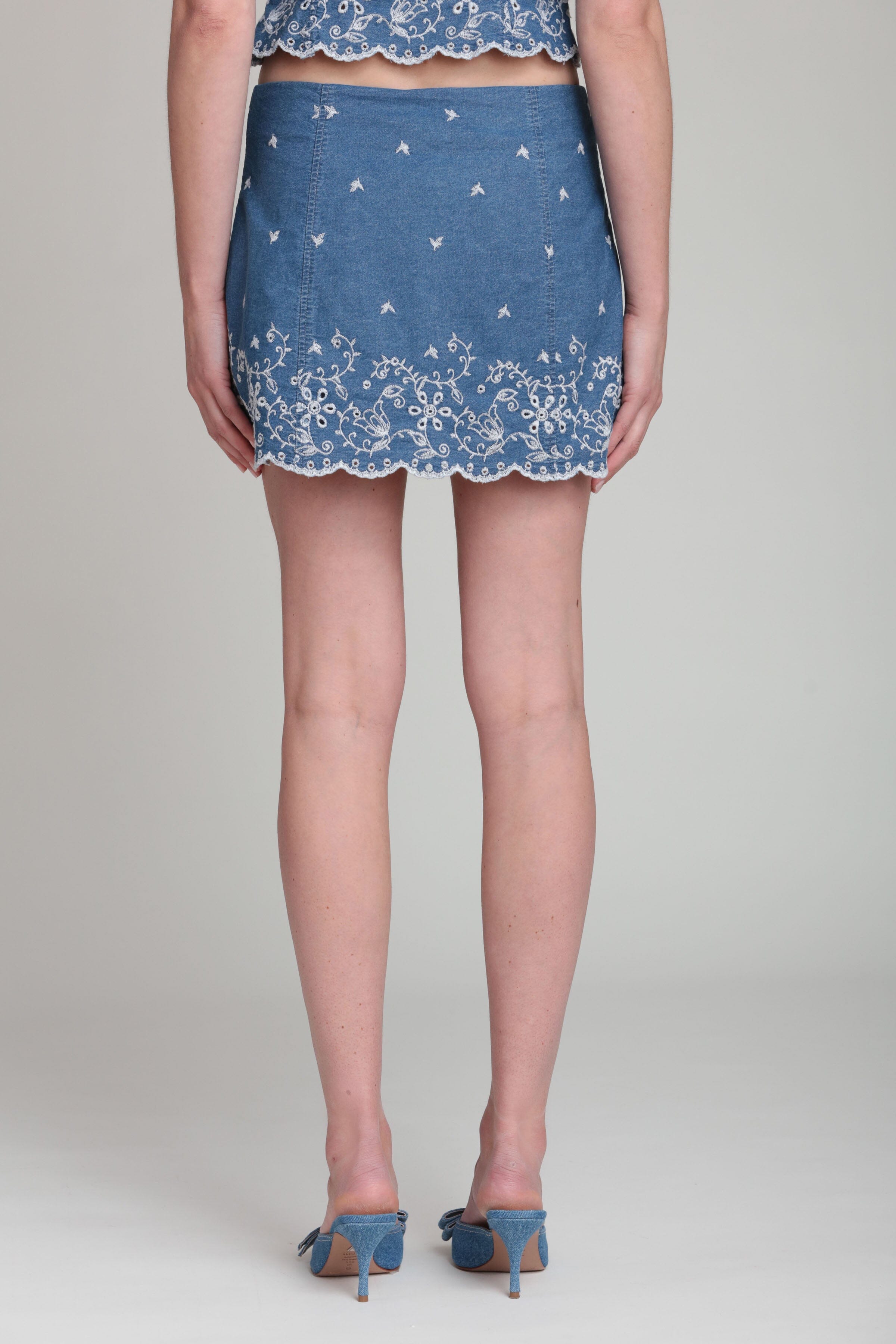 Womens denim mini skirt with tonal embroidery - Shop cute mini skirts by Avec Les Filles