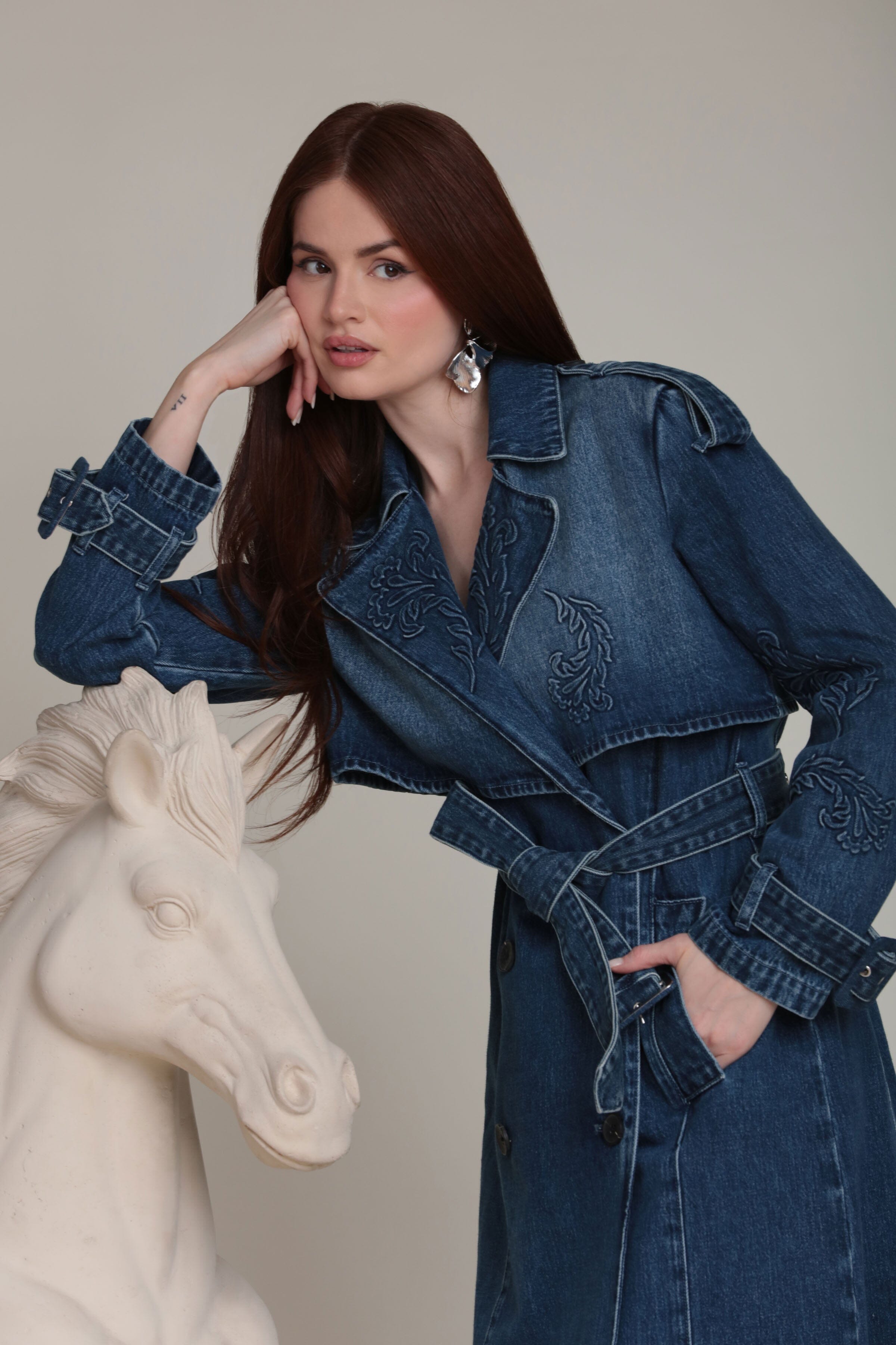 Deep blue double-breasted long denim trench coat in 100% cotton - Shop women’s trench coats by Avec Les Filles