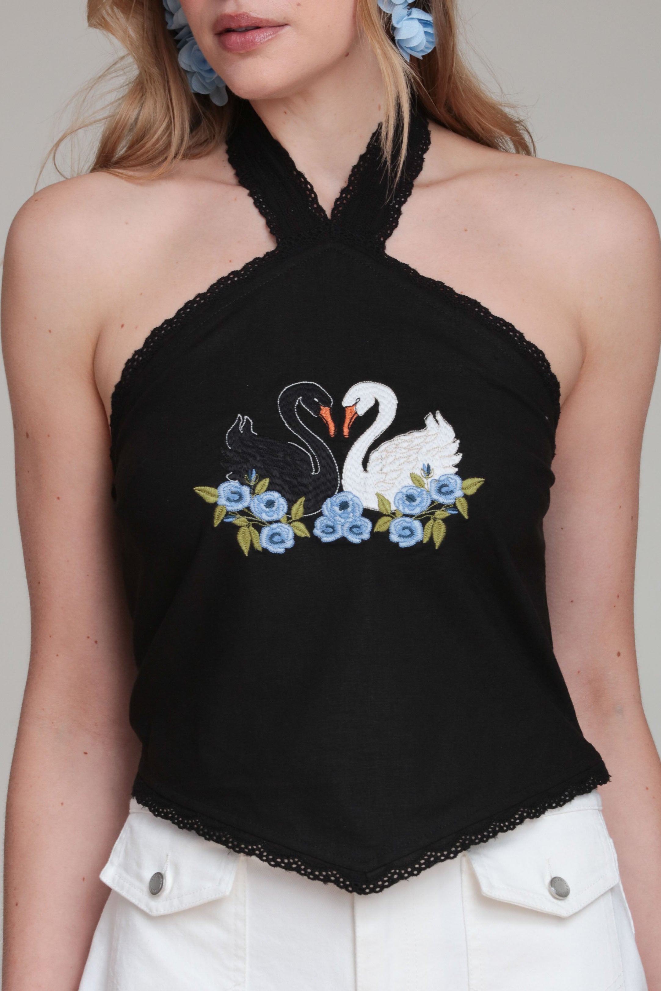 Swan embroidered black halter neck top - Shop women's crop tops by Avec Les Filles