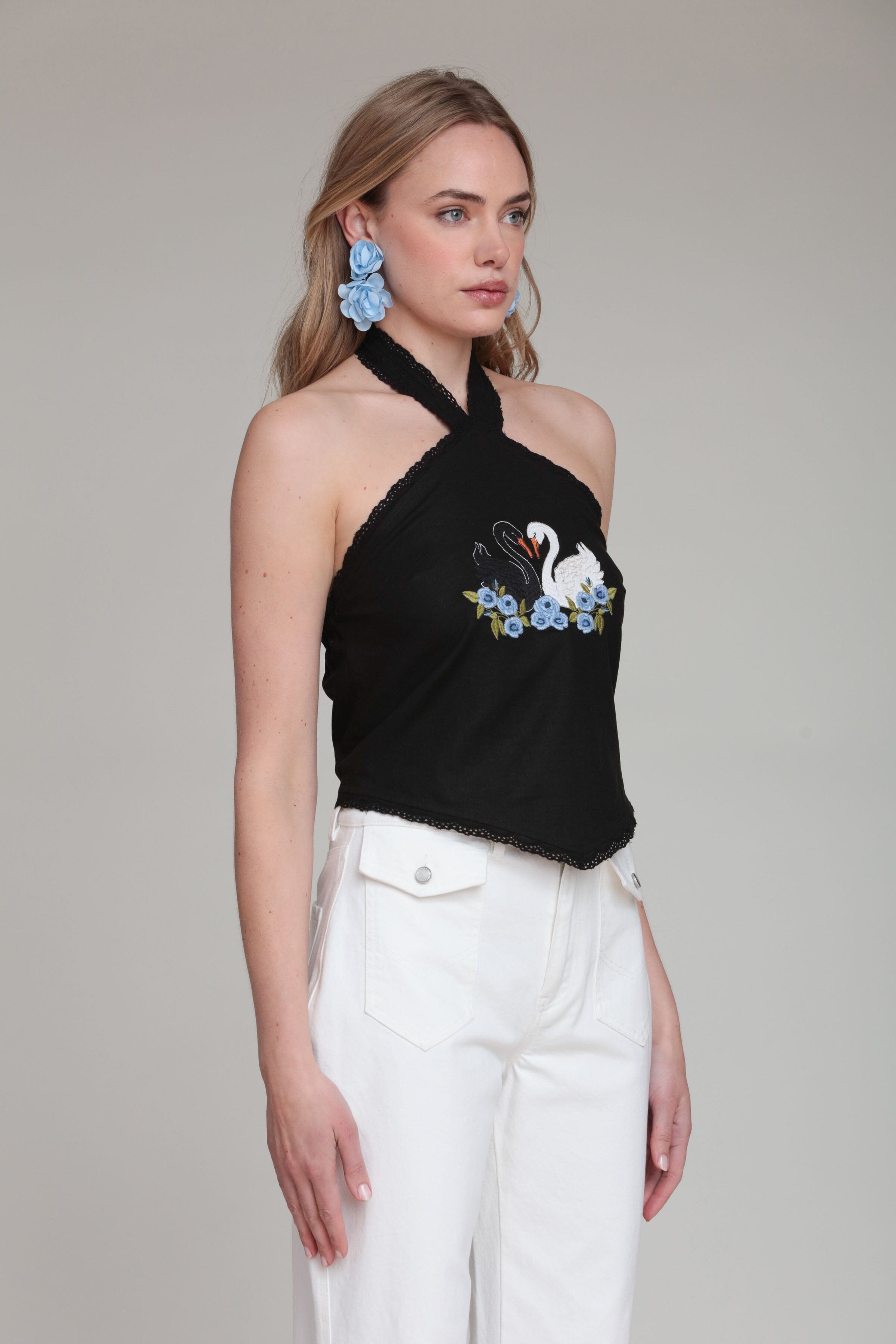 Swan embroidered black halter neck top - Shop designer women's cute crop tops by Avec Les Filles