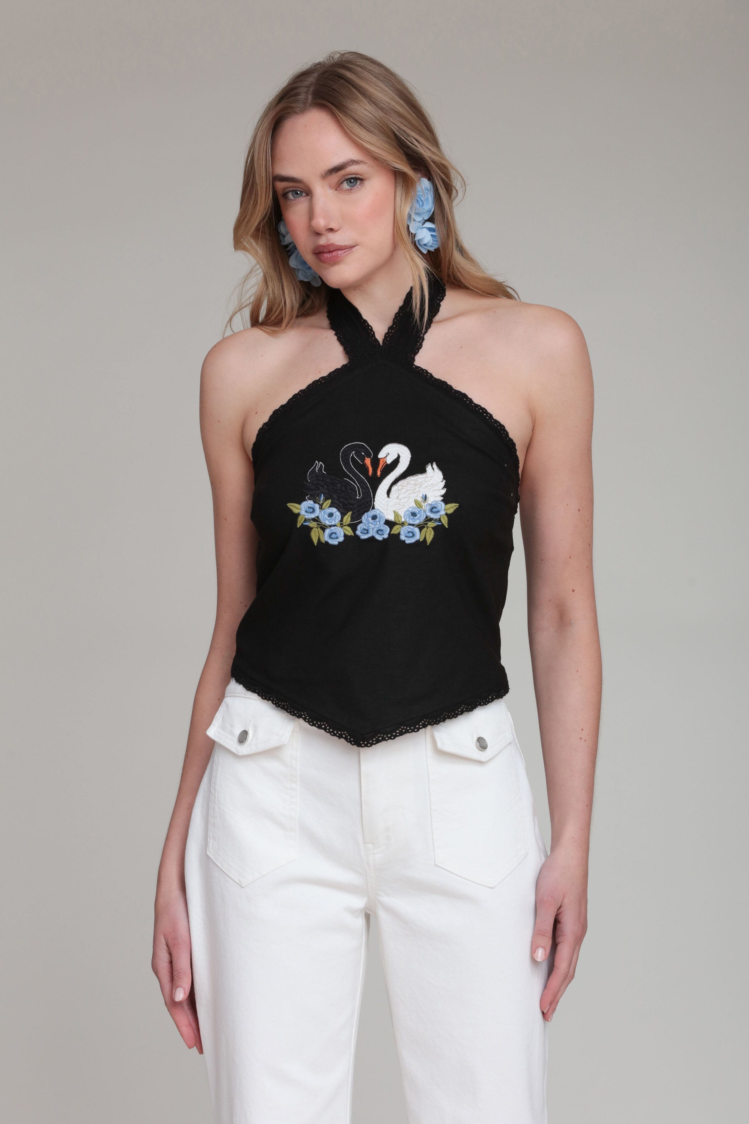 Swan embroidered black crop top - Shop designer women's cute tops by Avec Les Filles
