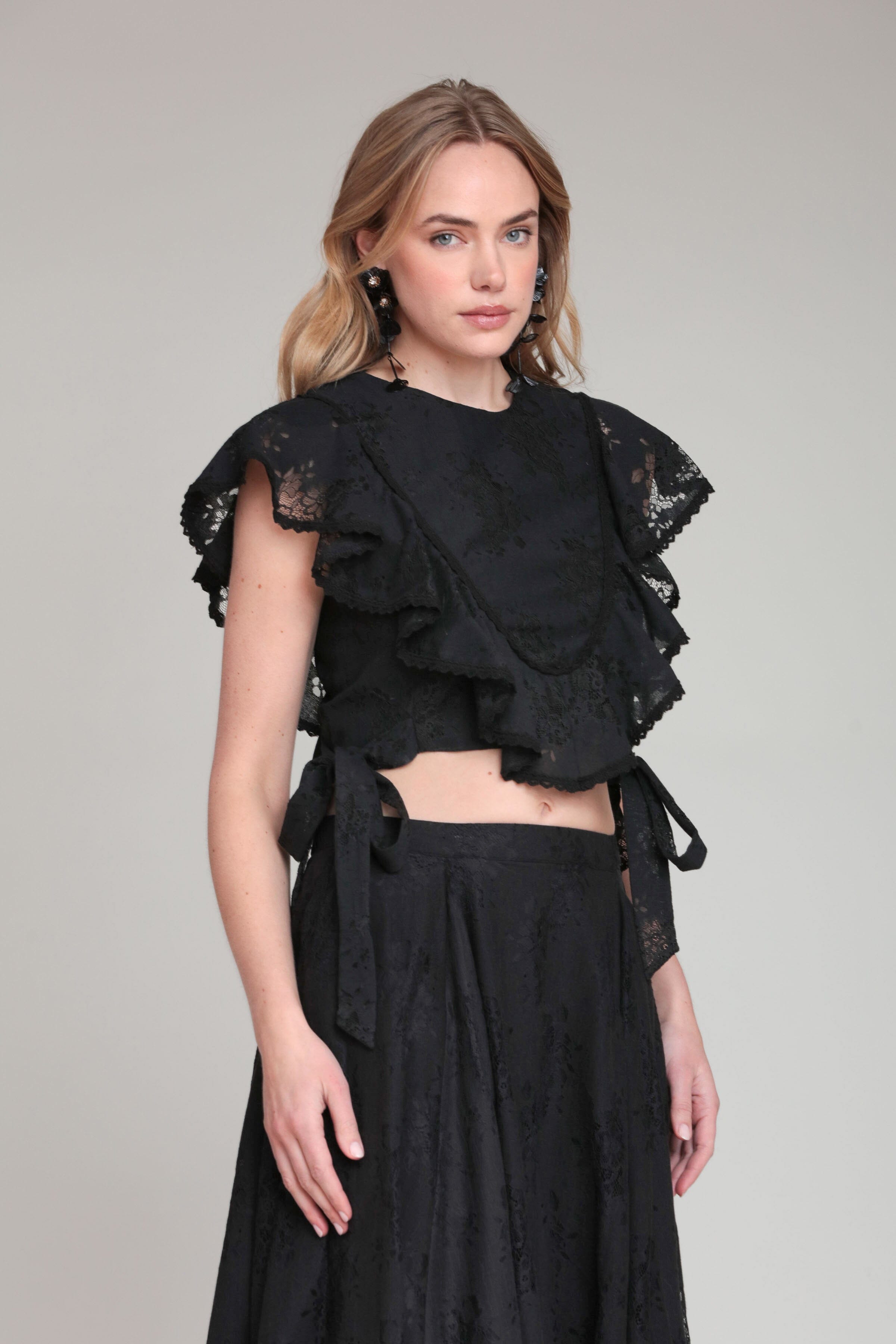 Lace Ruffle & Bow Trim Black Crop Top