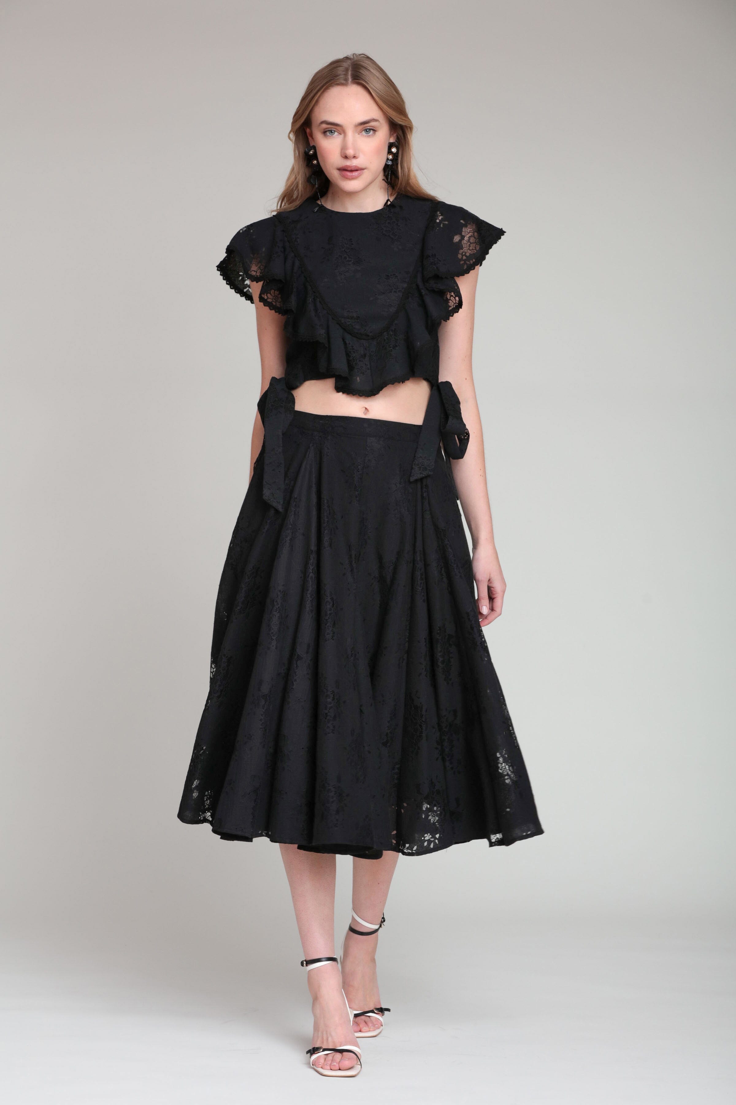 Black ruffle top with black midi skirt - Shop women's cute midi skirts and crop tops by Avec Les Filles