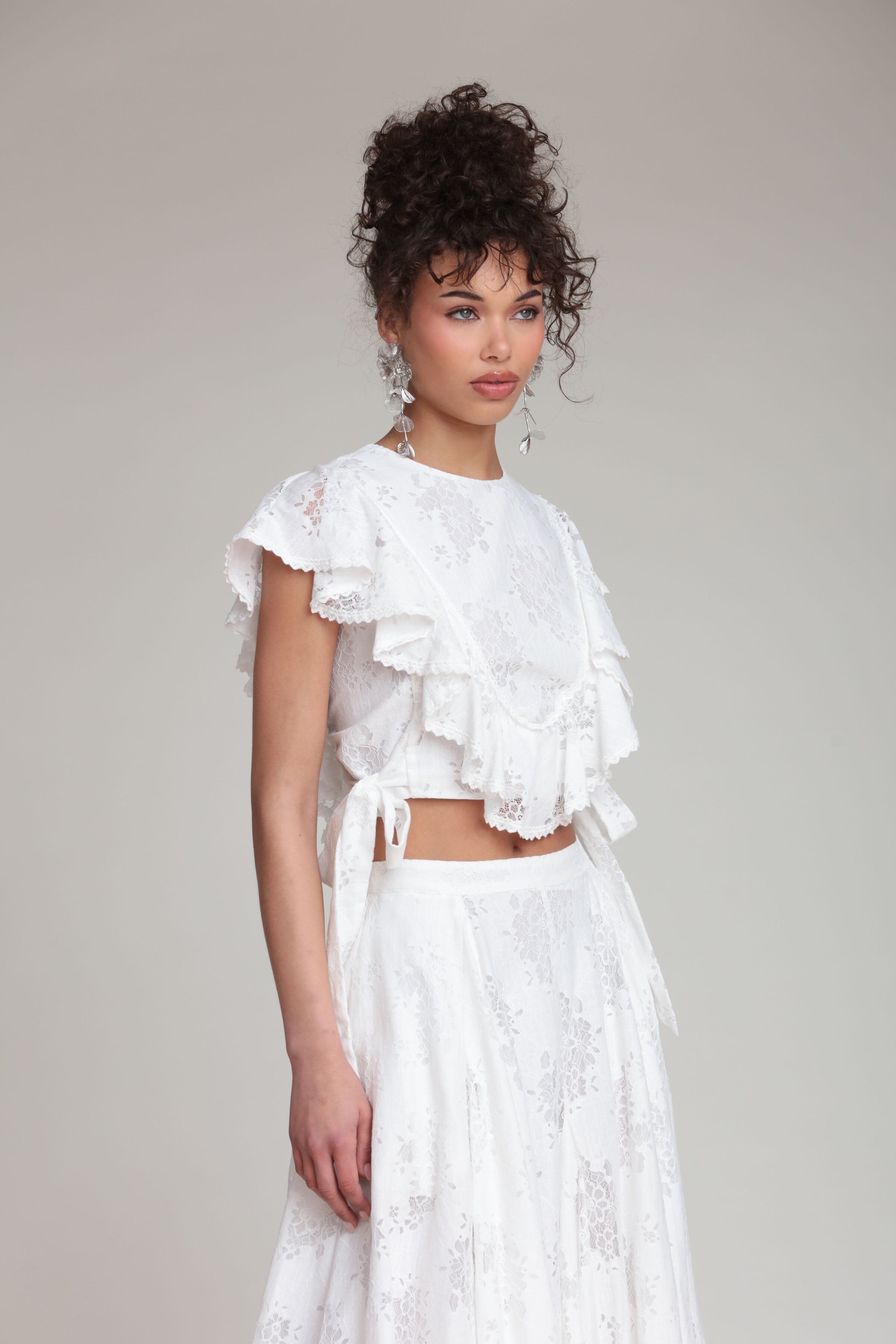 Lace Ruffle & Bow Trim White Crop Top