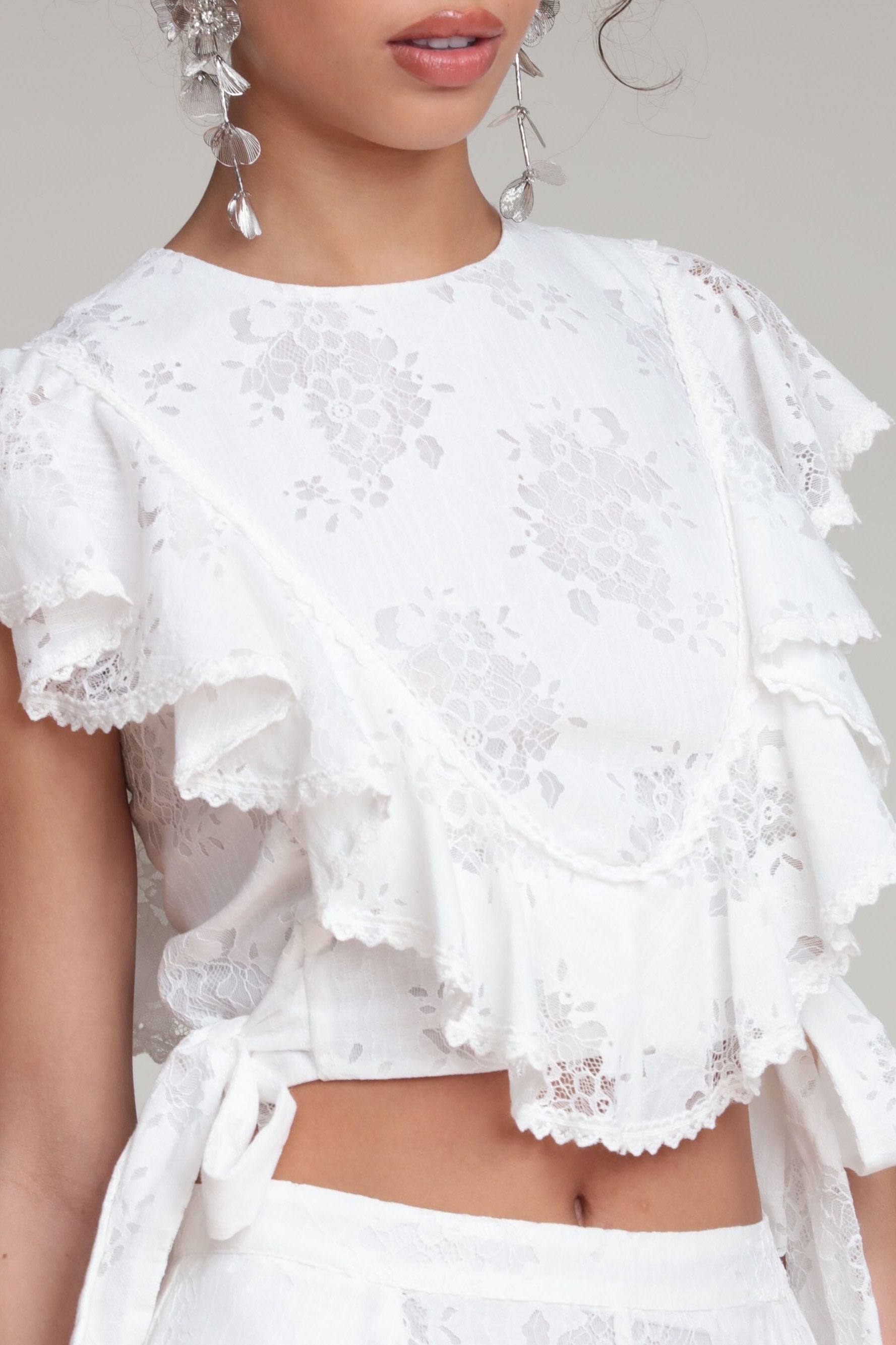 Ruffle white crop top with adjustable ties and flutter sleeves - Shop women's cute crop tops by Avec Les Filles