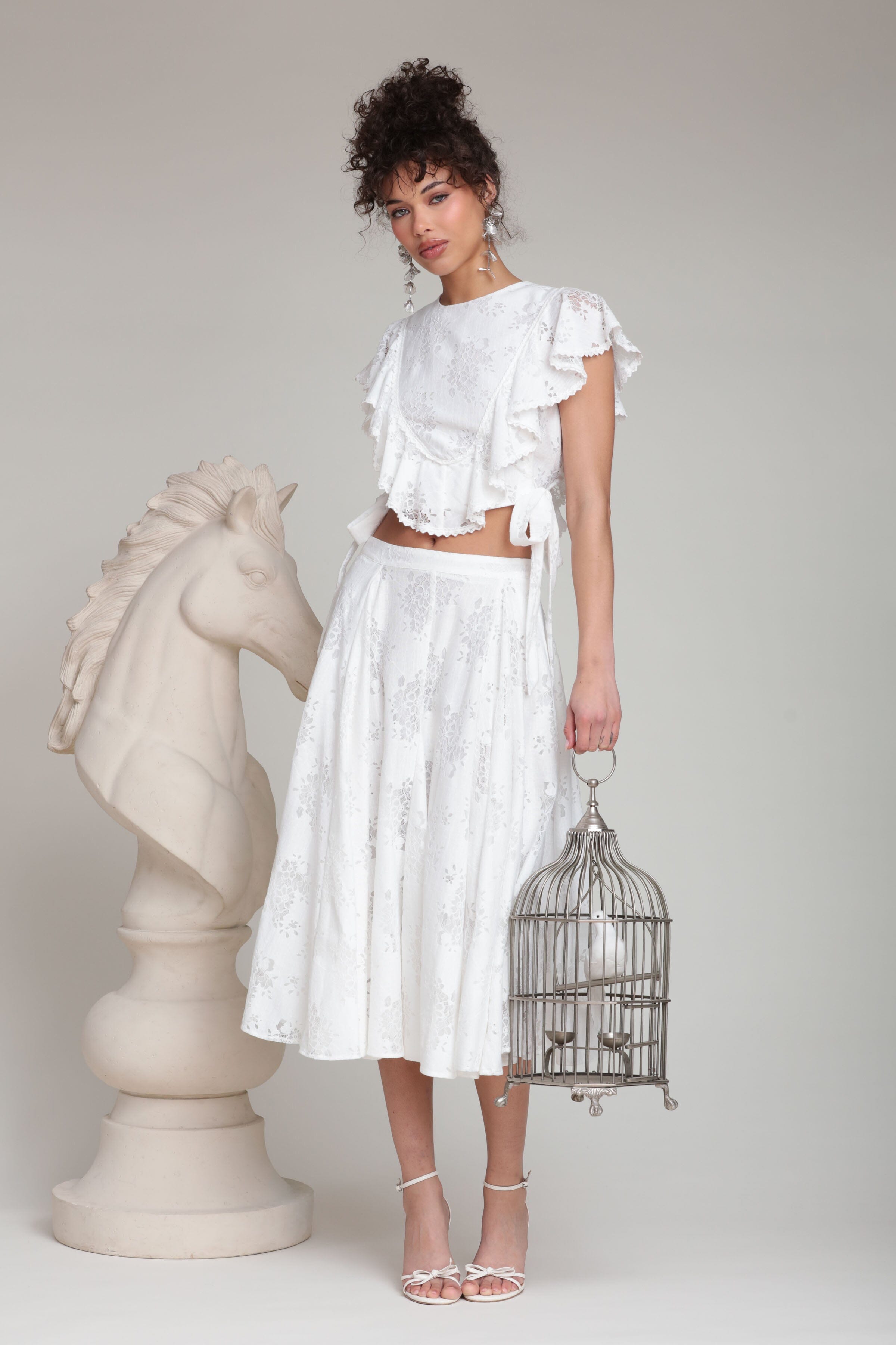 Lace Ruffle & Bow Trim White Crop Top