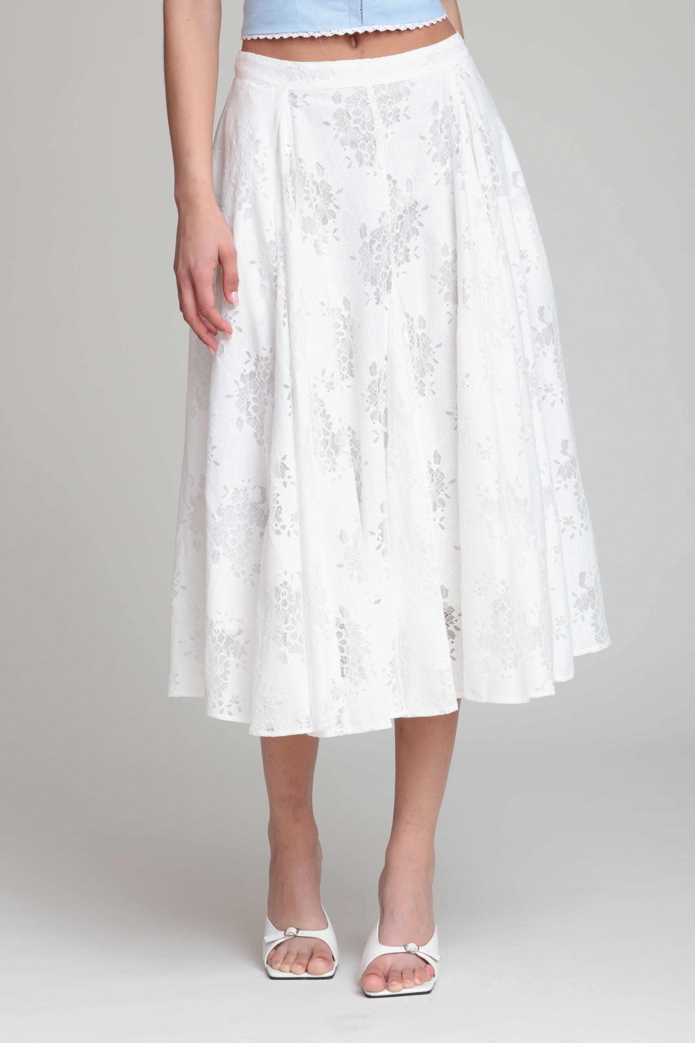 Cotton blend flared white lace midi skirt - Shop designer women's cute midi dresses by Avec Les Filles