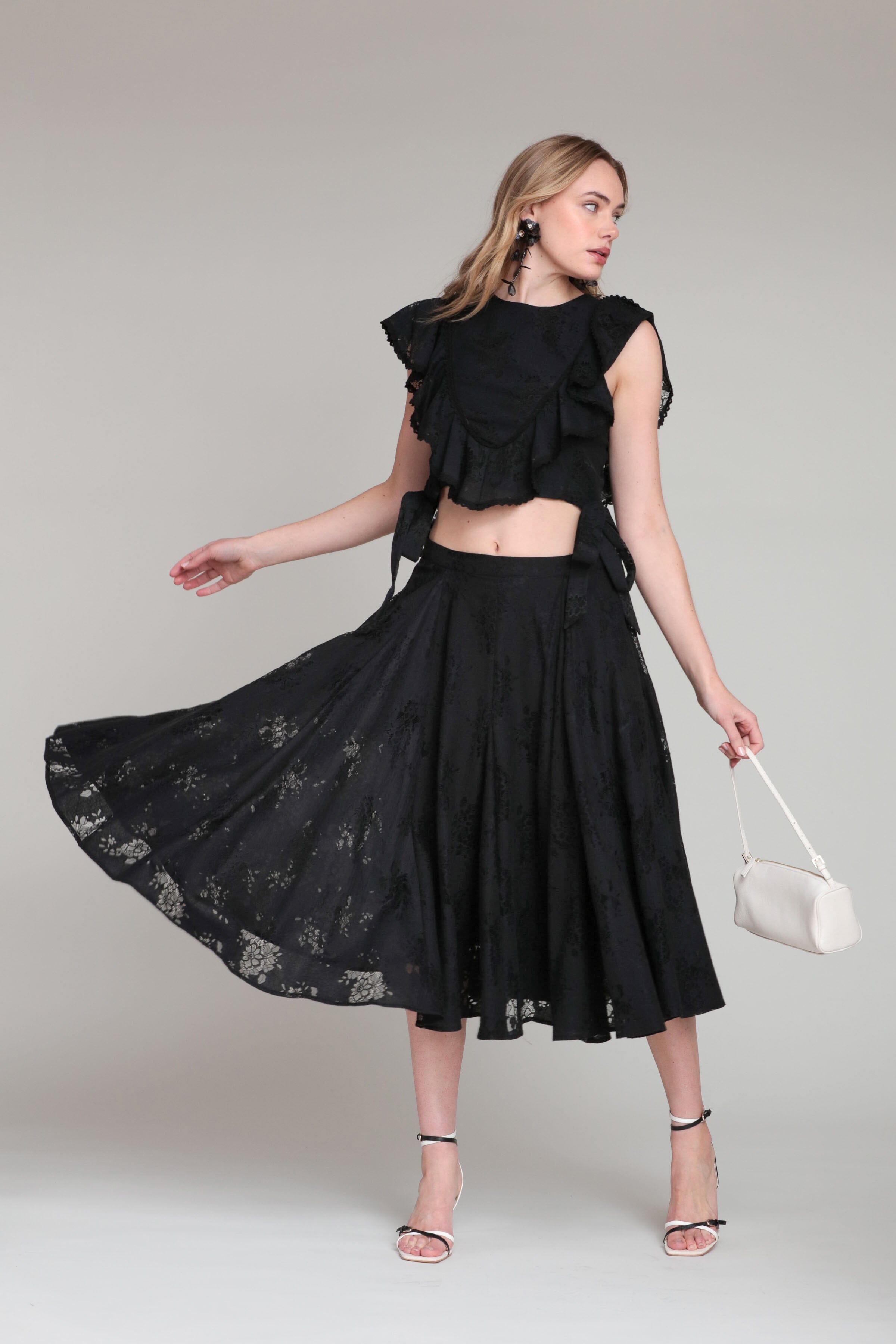 Cotton blend lace flared black midi skirt with black crop top - Shop women's cute midi dresses by Avec Les Filles