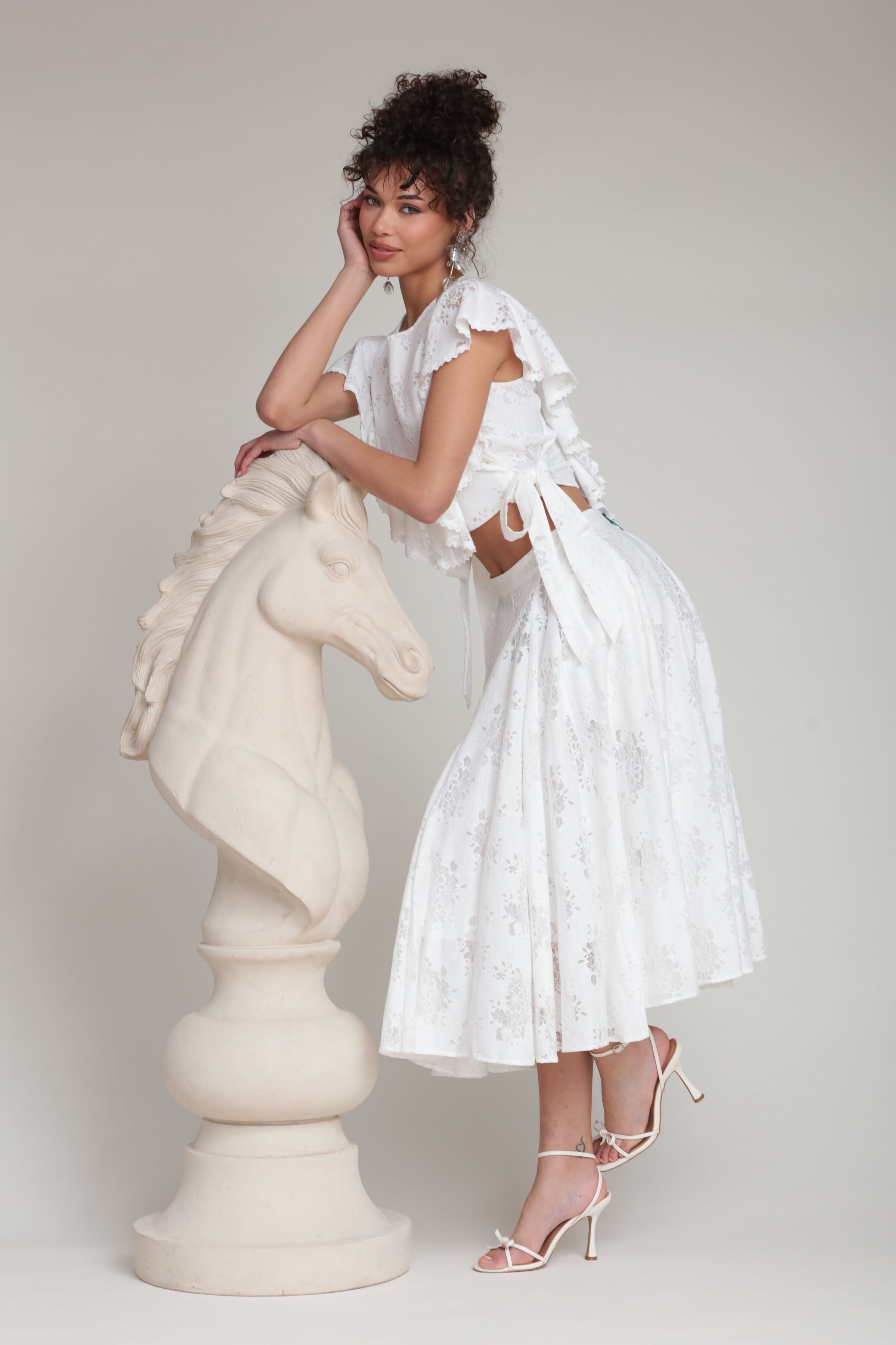 Cotton Blend Lace Flared White Midi Skirt Cotton Blend Lace Flared White Midi Skirt
