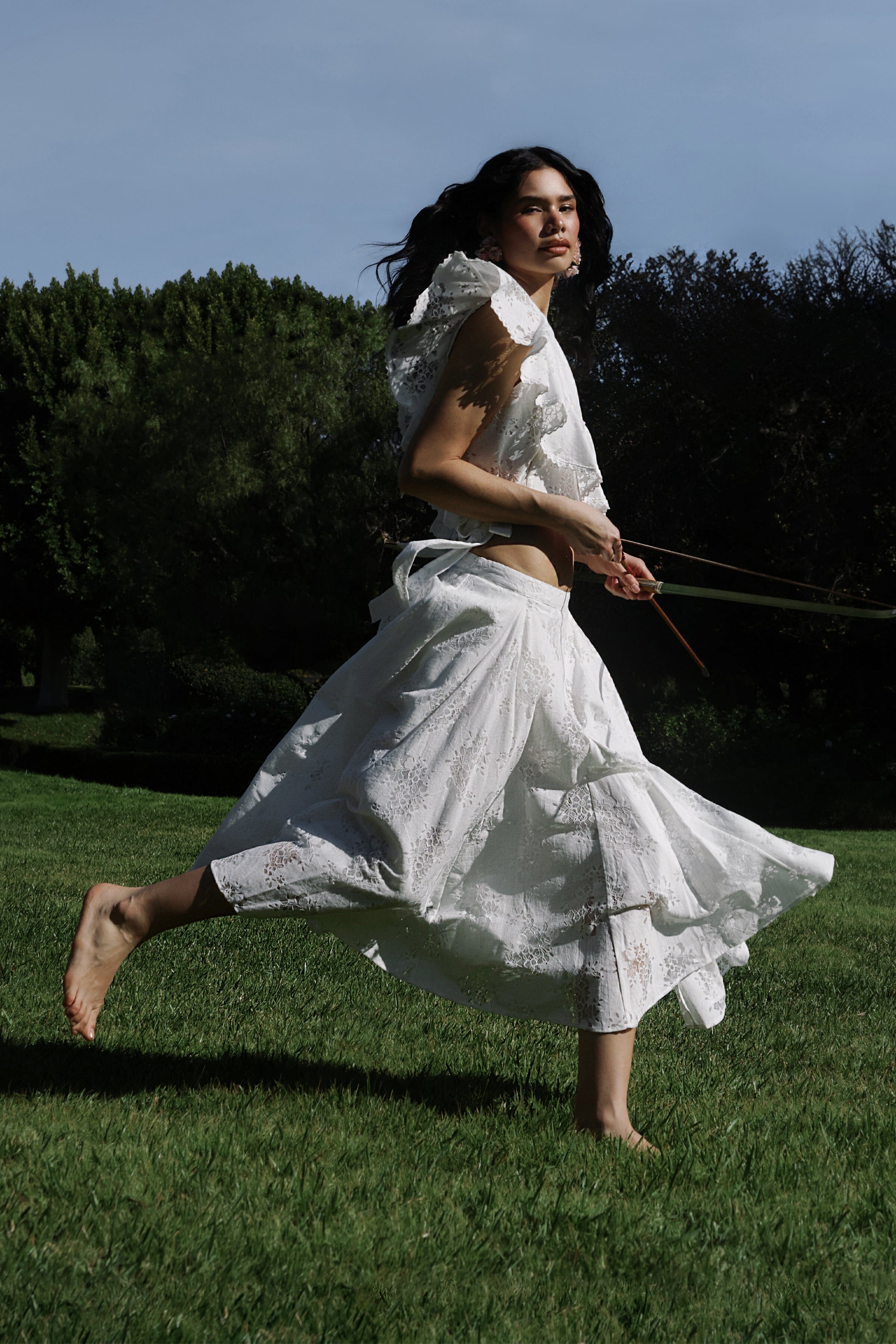 Cotton blend lace flared white midi skirt with white crop top - Shop women's cute midi dresses by Avec Les Filles