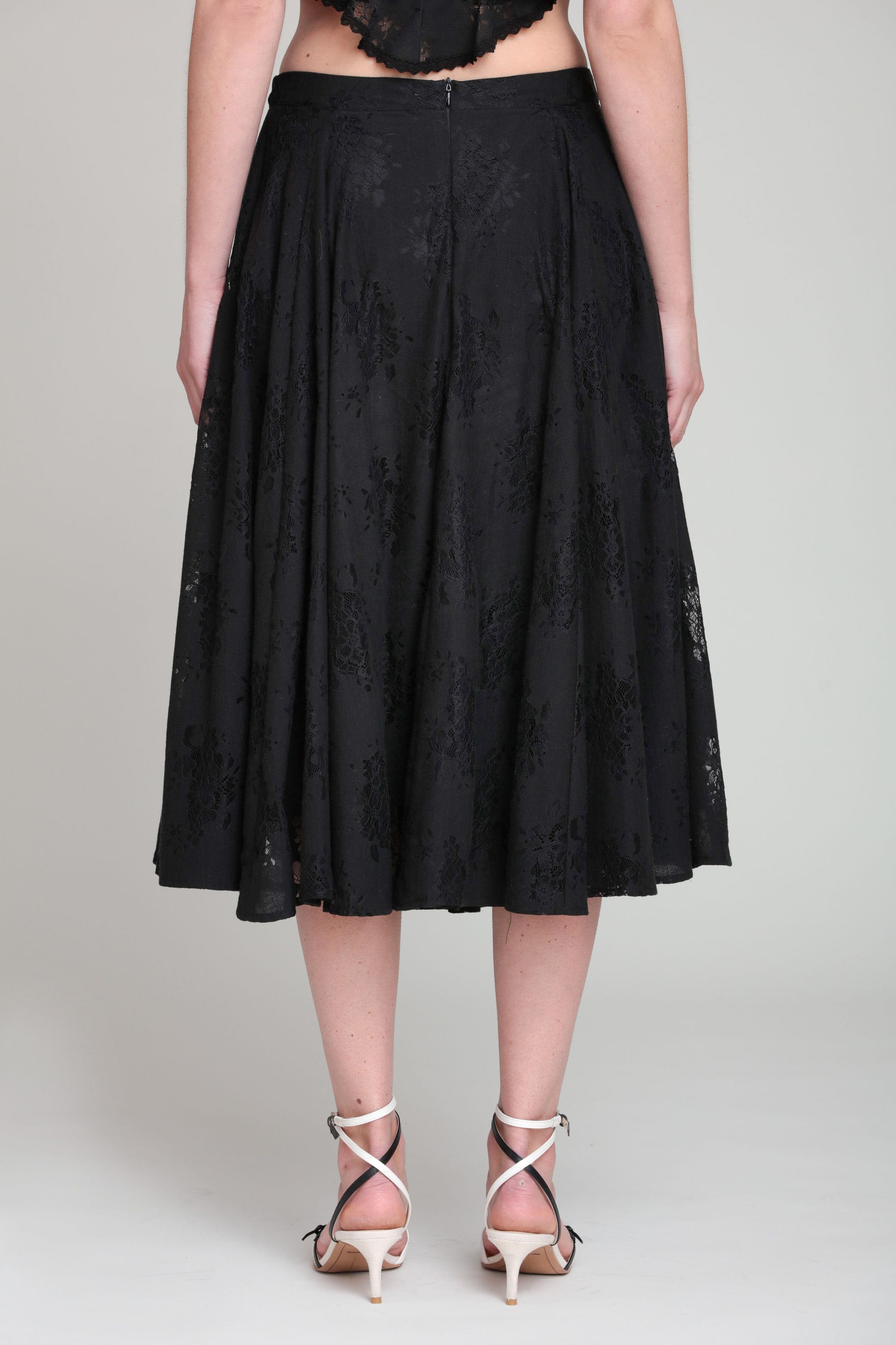 Cotton blend flared black lace midi skirt - Shop designer women's cute midi dresses by Avec Les Filles