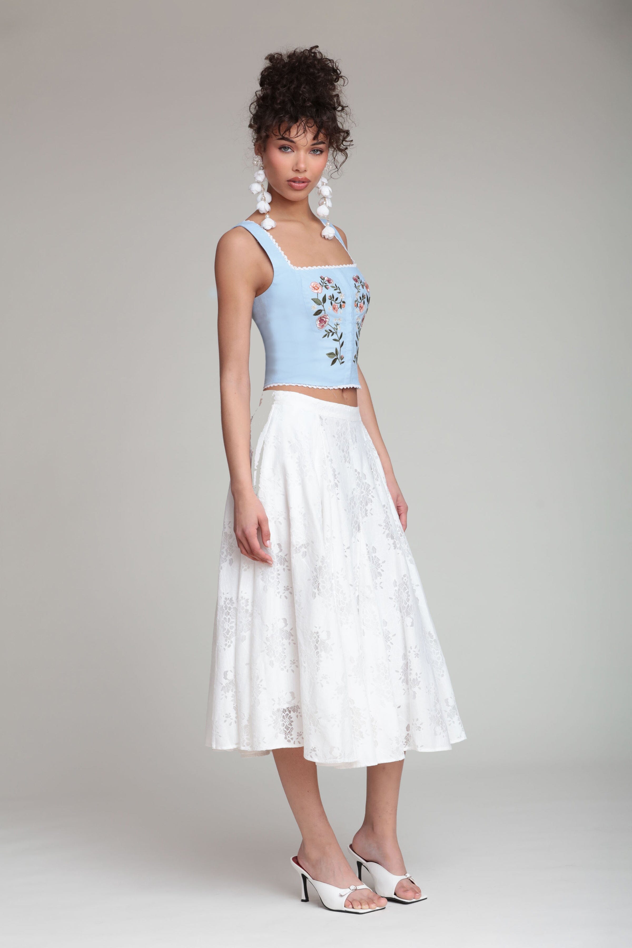 Cotton blend lace flared white midi skirt with linen blue top - Shop women's cute midi dresses by Avec Les Filles