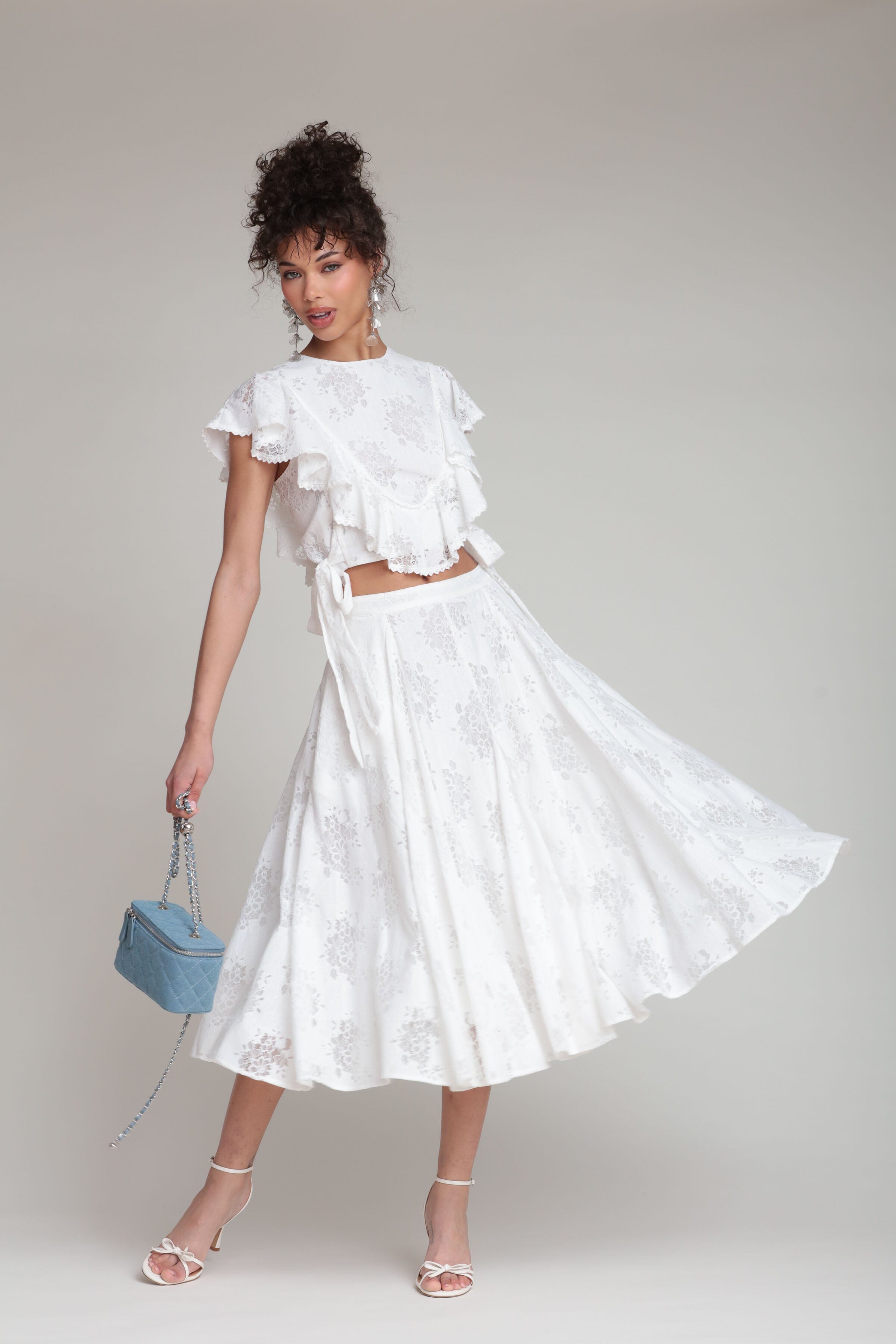 Cotton blend lace flared white midi skirt with white crop top - Shop women's cute midi dresses by Avec Les Filles