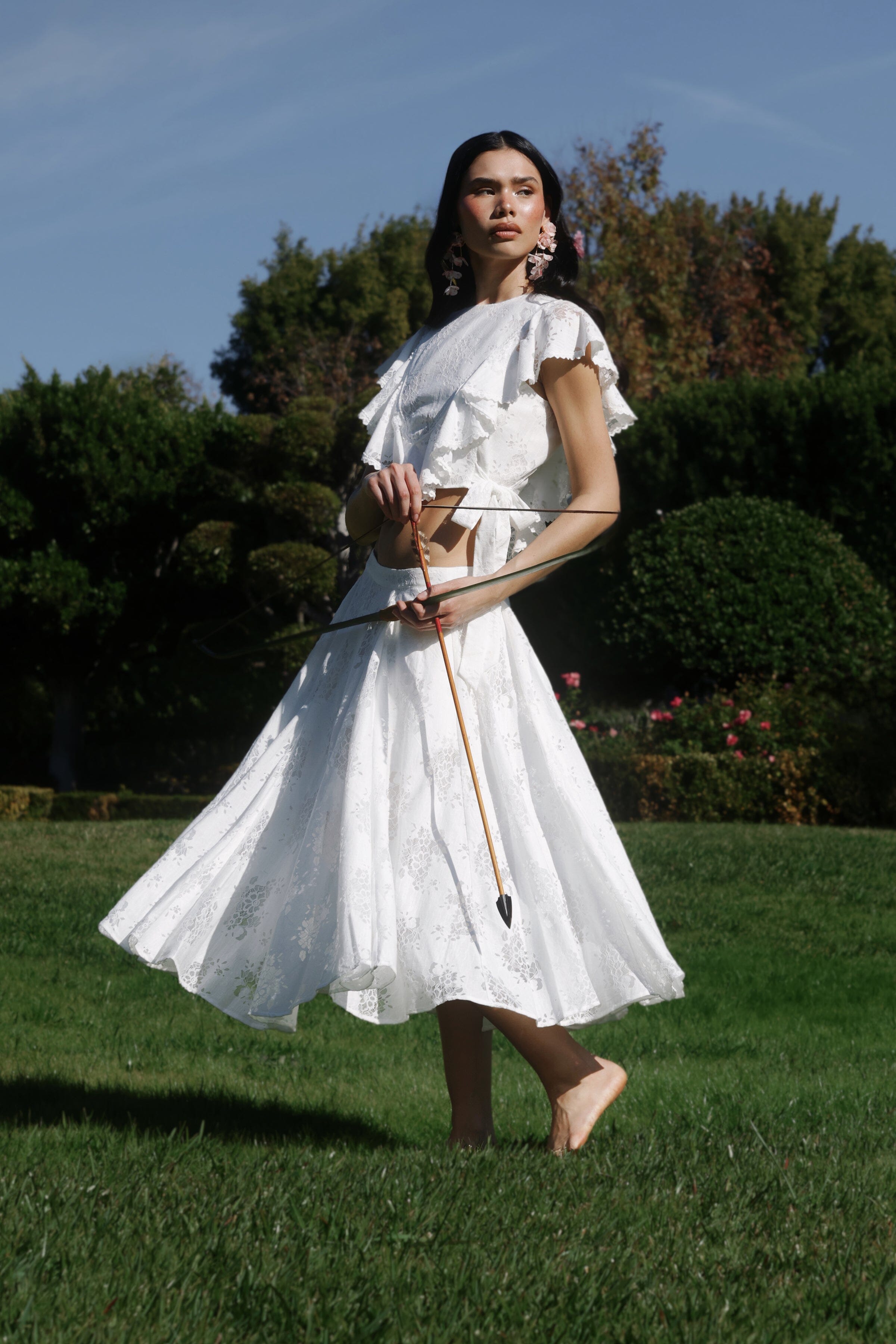 Flared white cotton midi skirt with white crop top - Shop women's cute midi dresses by Avec Les Filles