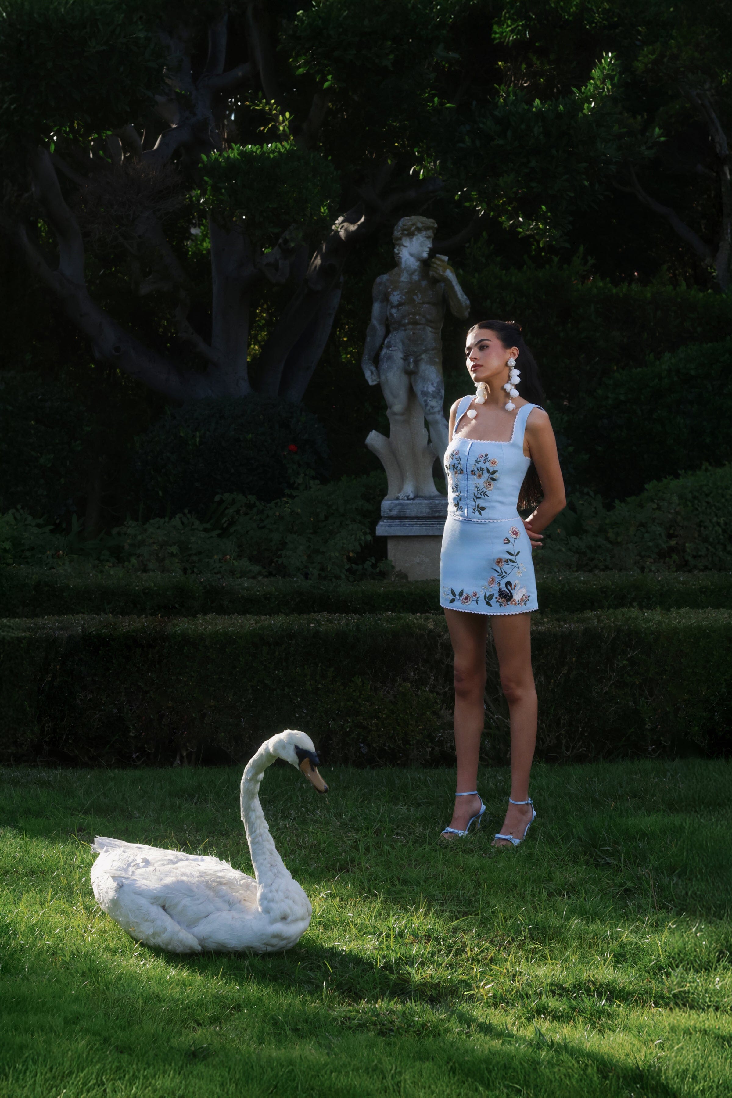 Linen light blue mini skirt with blue top -Shop women's cute floral mini skirts by Avec Les Filles