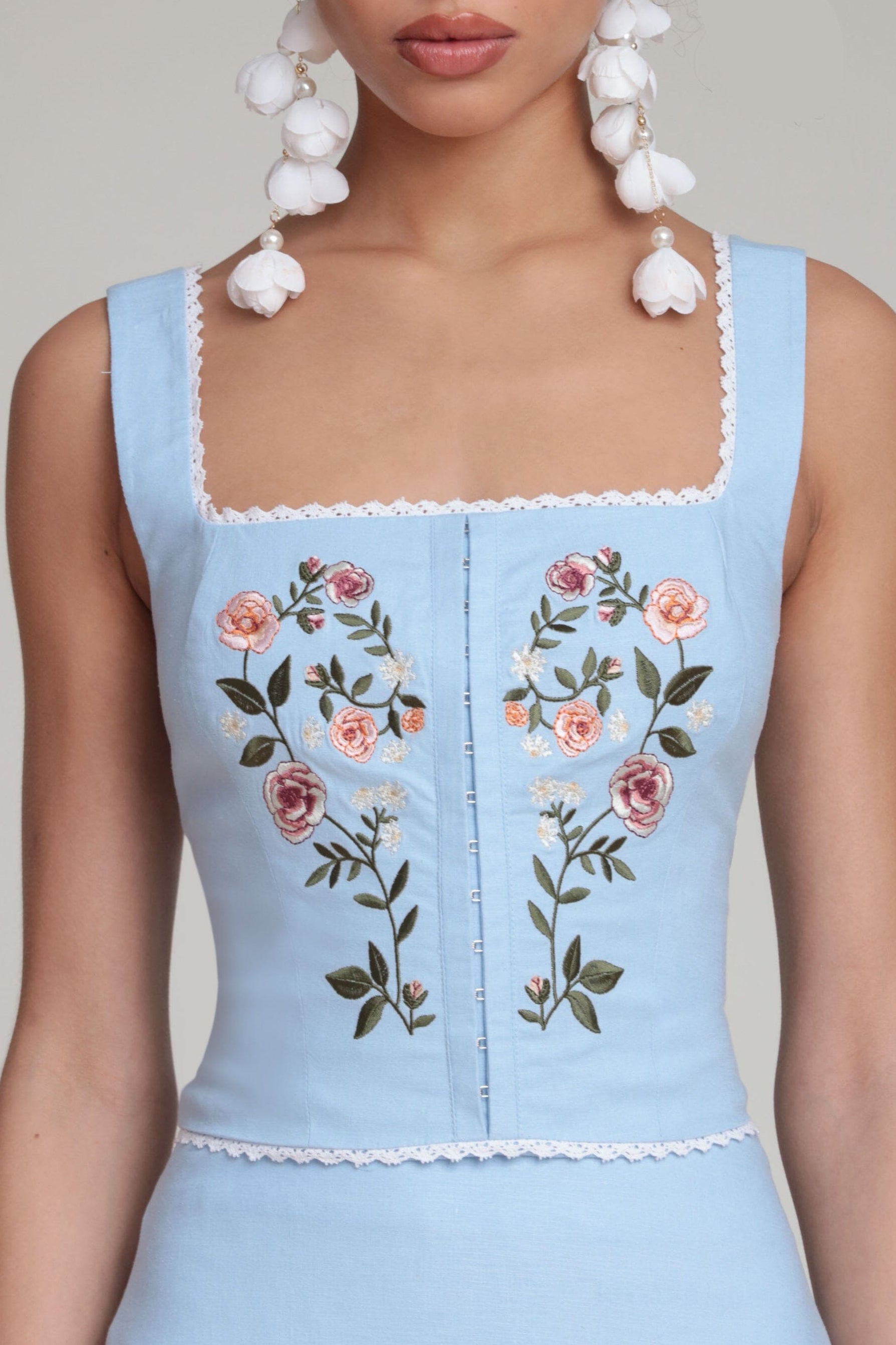 Embroidered stretch light blue linen top with wide shoulder straps - Shop women's cute linen tops by Avec Les Filles