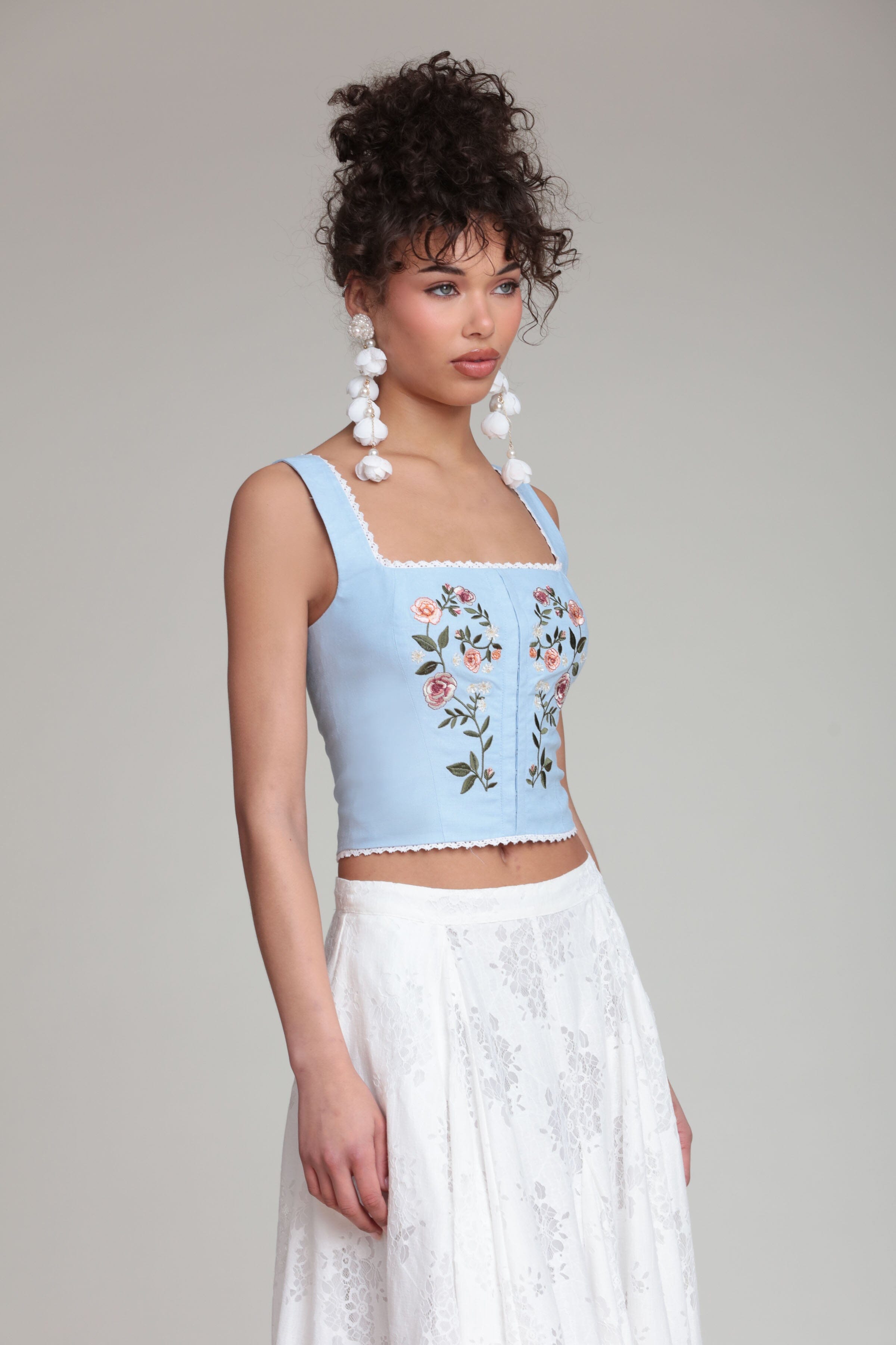 Embroidered stretch light blue corset top with wide shoulder straps - Shop women's cute linen blue tops by Avec Les Filles