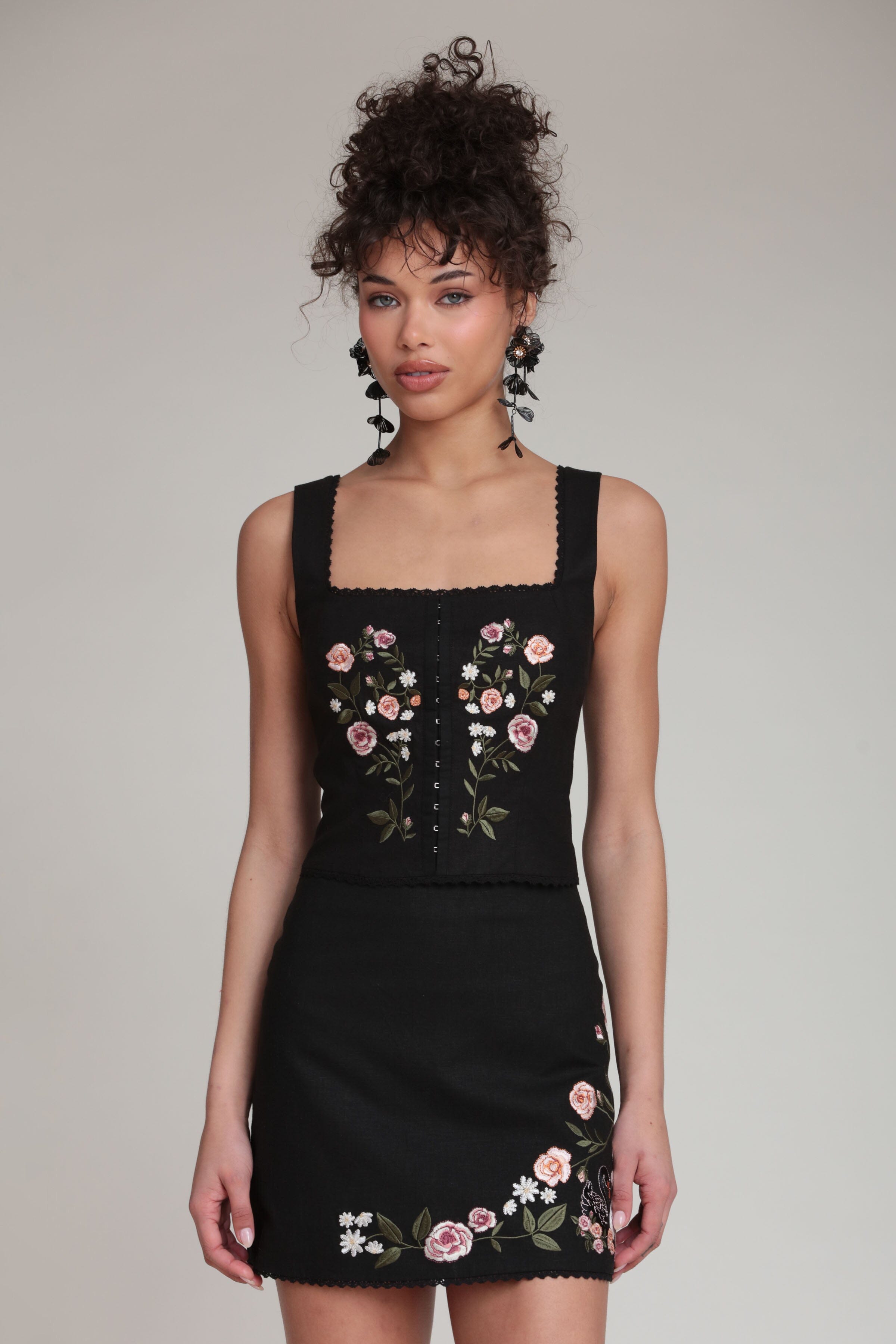 Embroidered linen black top with black mini skirt - Shop women's cute linen tops and mini skirts by Avec Les Filles