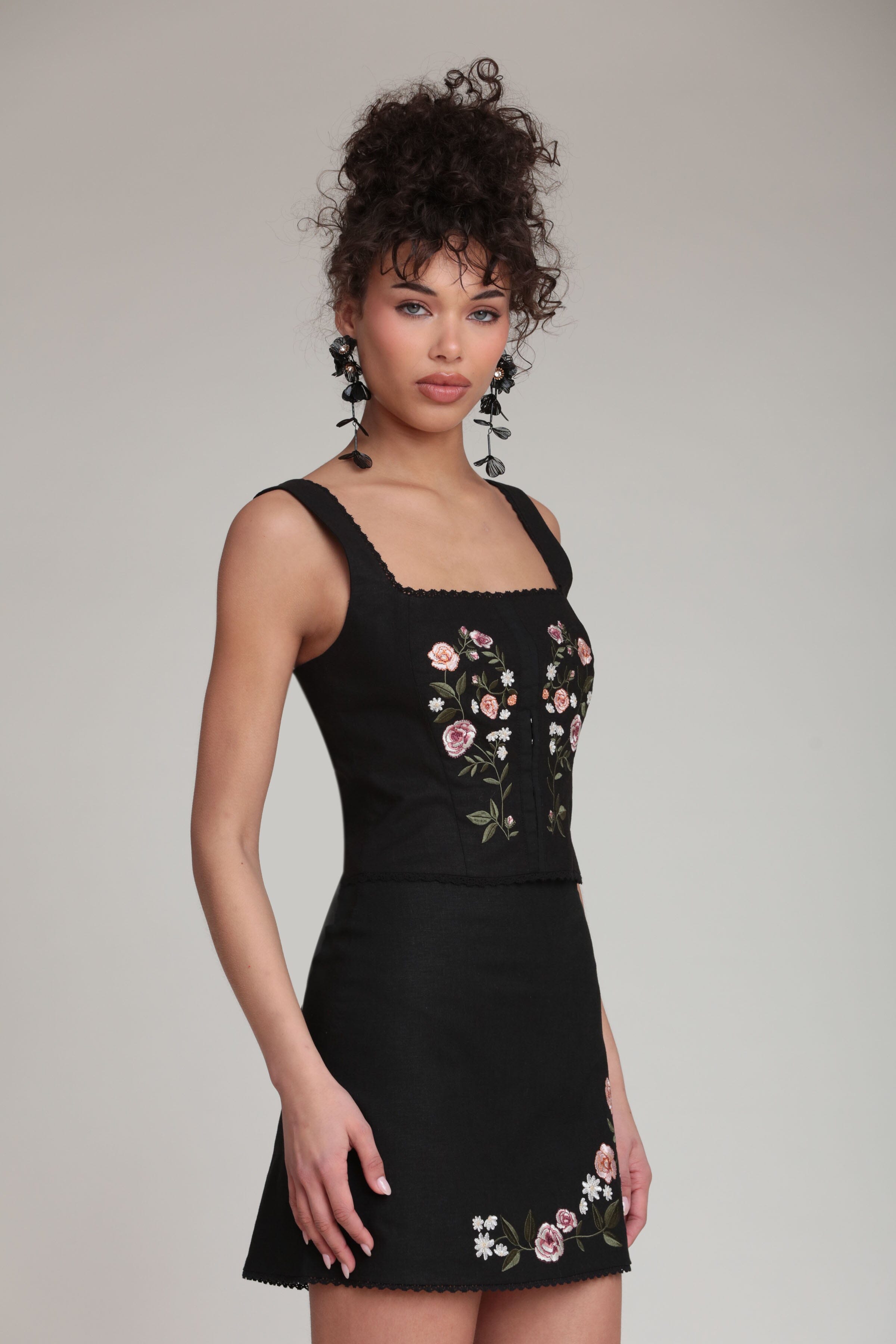 Embroidered Stretch Linen Black Top