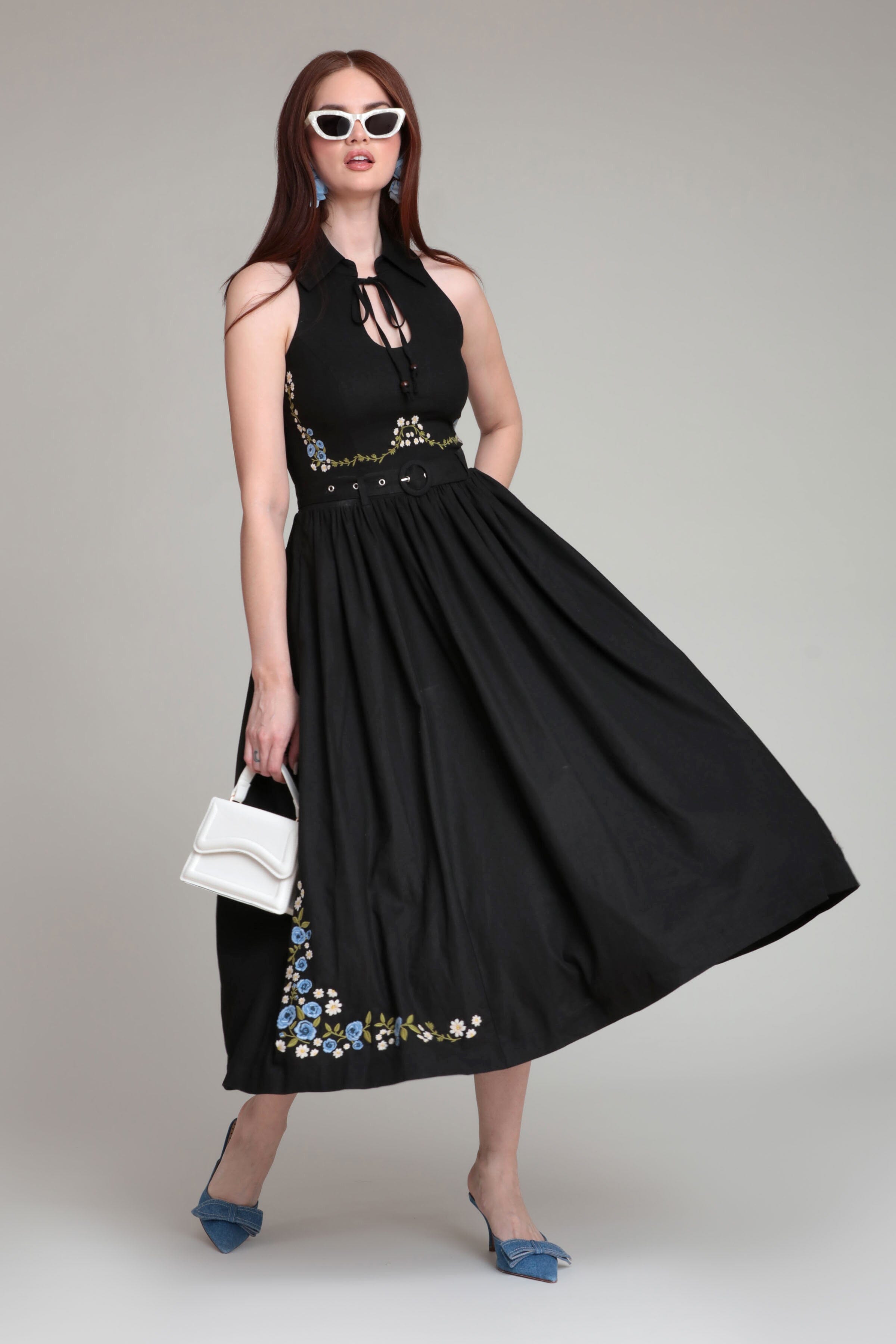 Embroidered linen blend sleeveless black midi dress with an adjustable tie and detachable belt by Avec Les Filles