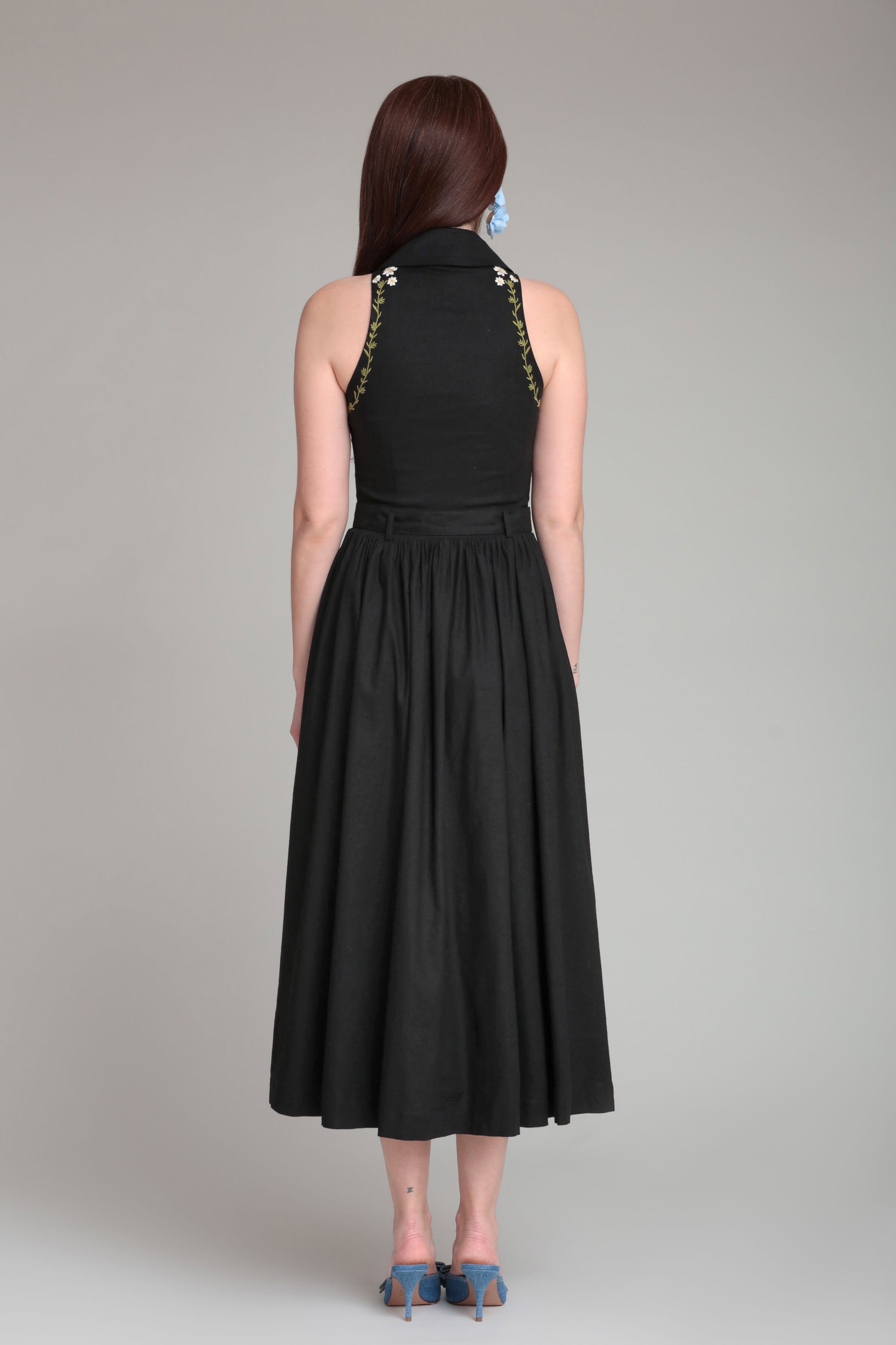 Embroidered linen blend sleeveless black midi dress with detachable belt - Shop cute midi dresses by Avec Les Filles