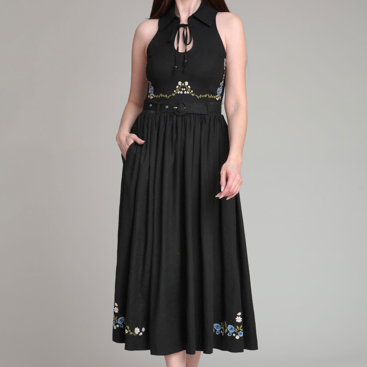 black midi formal dress Embroidered Linen Blend Belted Black Midi Dress