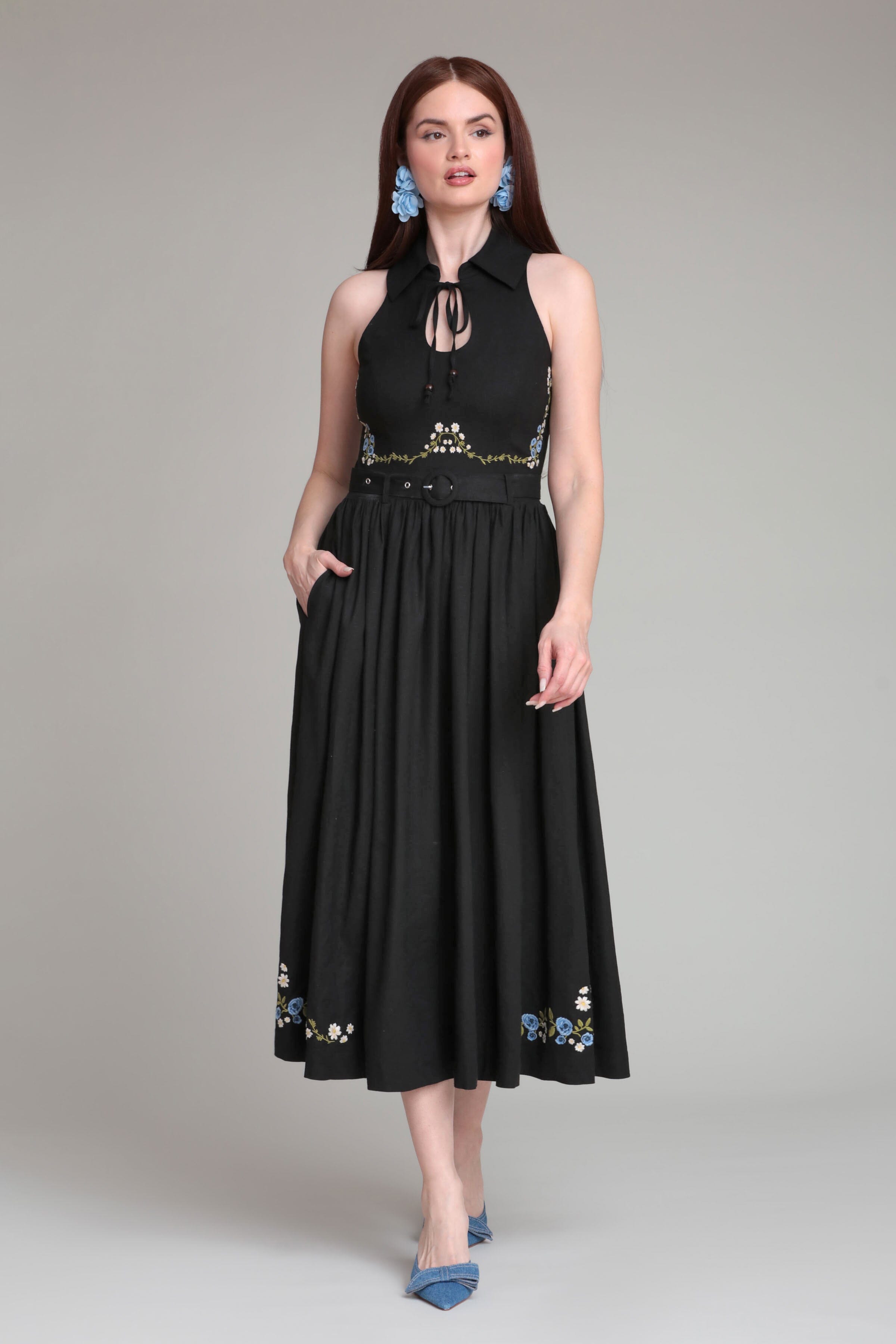 Linen blend sleeveless black midi dress with an adjustable tie and detachable belt by Avec Les Filles