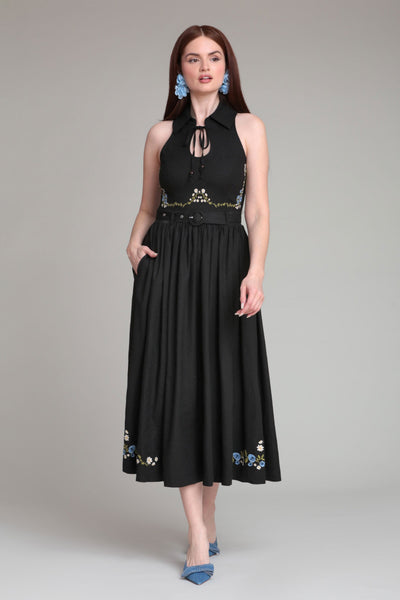 Embroidered Linen Blend Belted Black Midi Dress