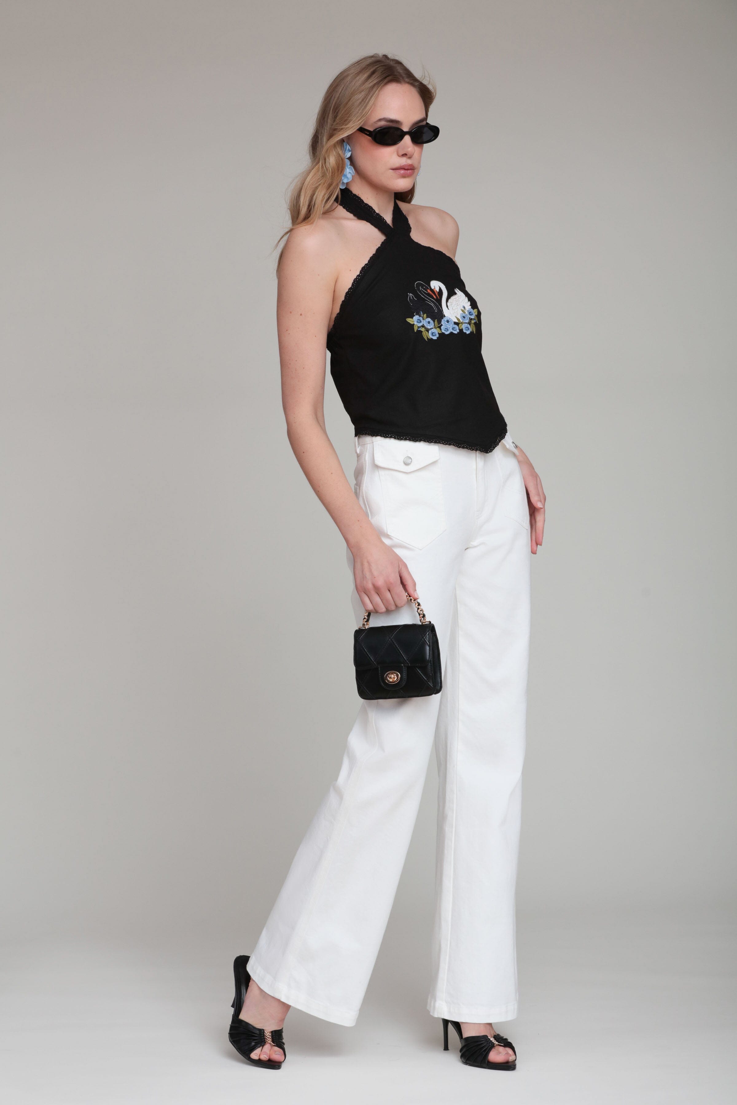 Denim white flare jeans women in cotton blend with black crop top - Shop cute high waisted flare jeans by Avec Les Filles